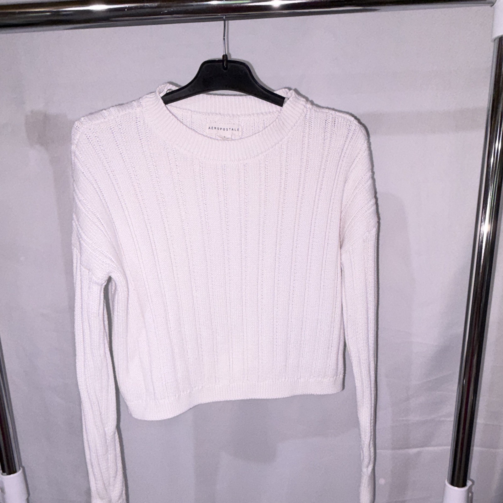 Aéropostale Women’s White Ribbed Knit Crew Neck Long Sleeve Pullover Sweater S