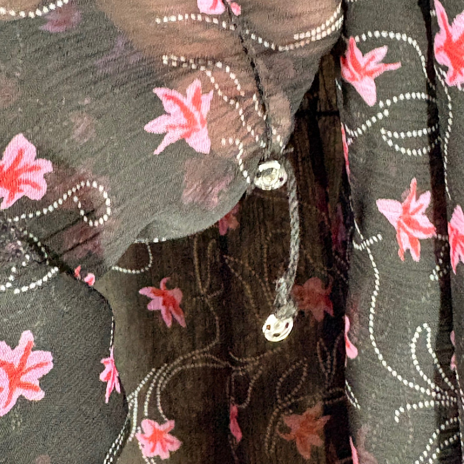 Elizabeth and James Black Pink Floral Smocked Mock Neck Sheer Blouse Large Boho