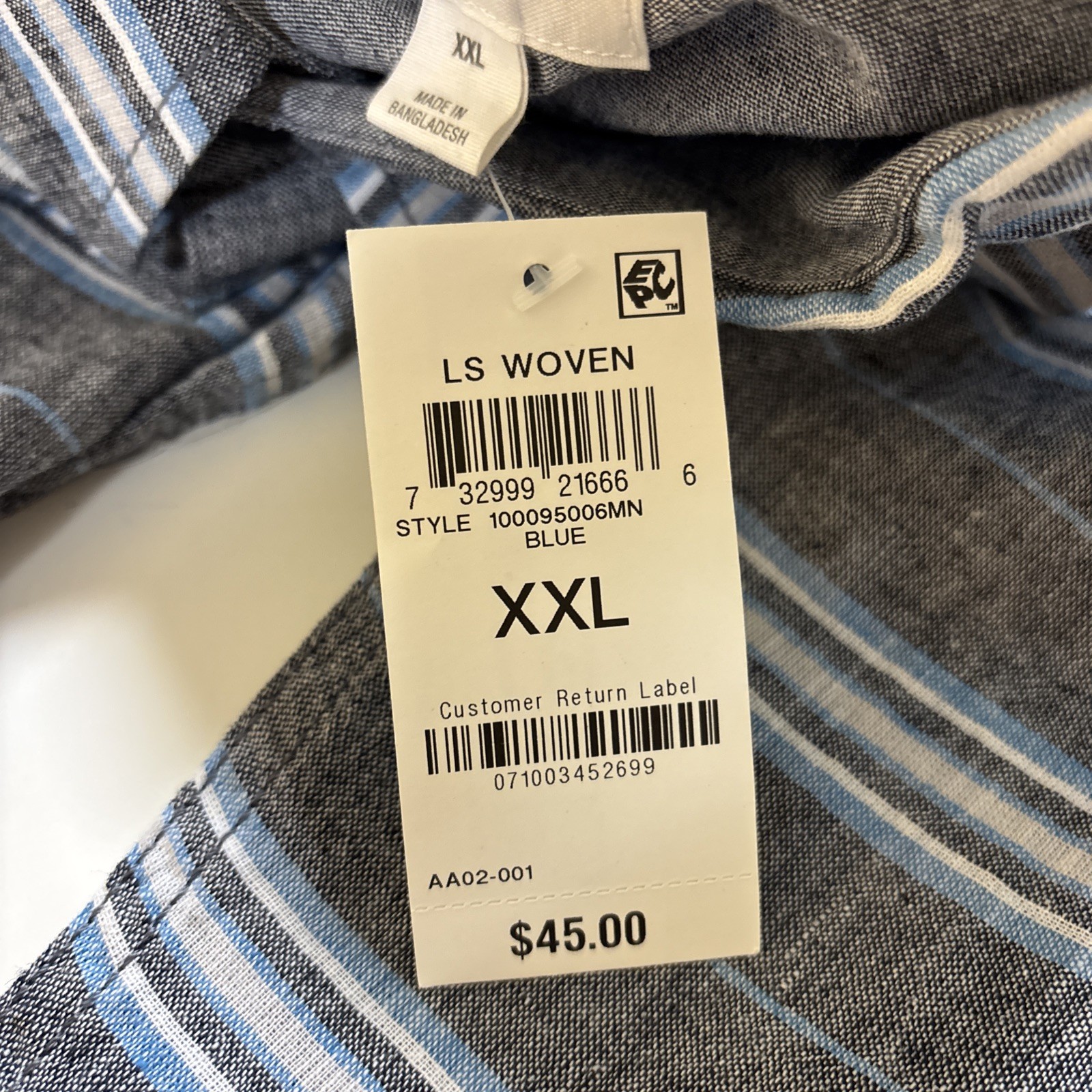 Sun + Stone Men’s 2XL Gray Blue Striped Long Sleeve Button Up Linen Shirt NEW