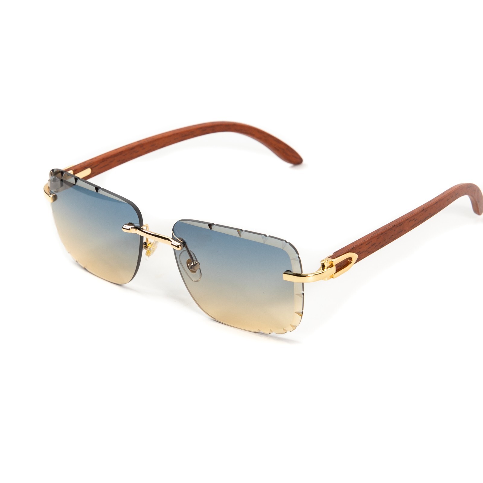 Gem Cut Gray & Tan Gradient Tint Rimless Men’s Gold Frame Woodgrain Sunglasses