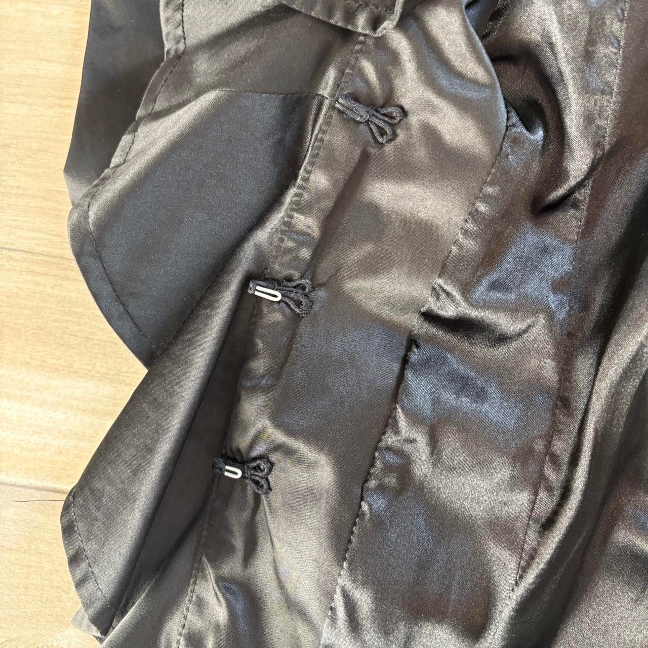 bebe Shiny Ruffle Trim Black Shirt Trench Coat Small Tie Waist Hook Close