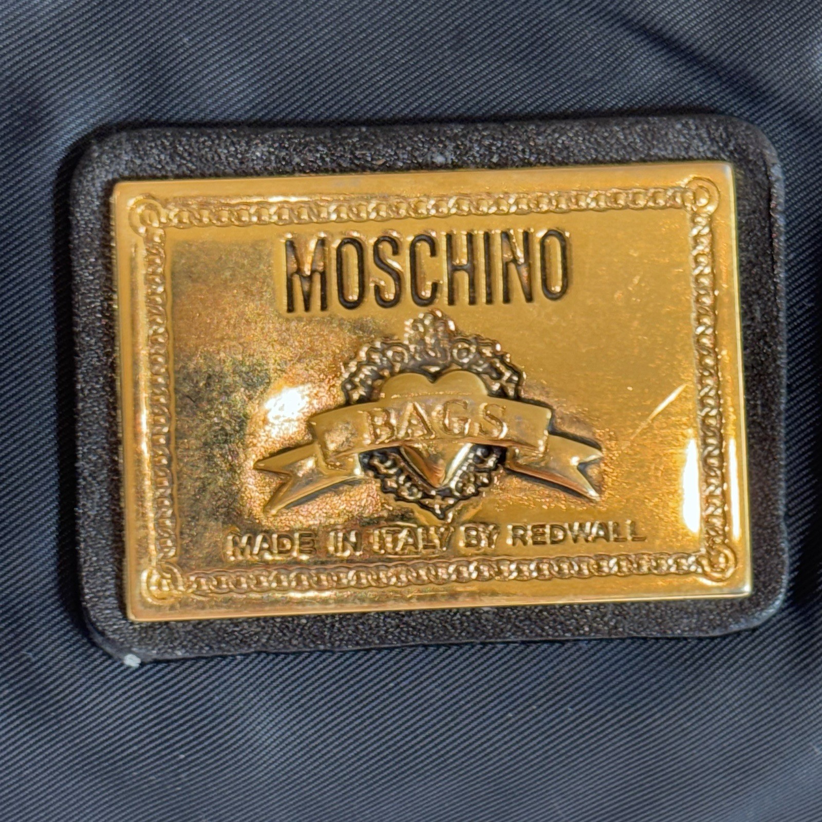 Moschino Redwall Italy Black Nylon Leather Block Leather Duffle Tote Bag “READ”