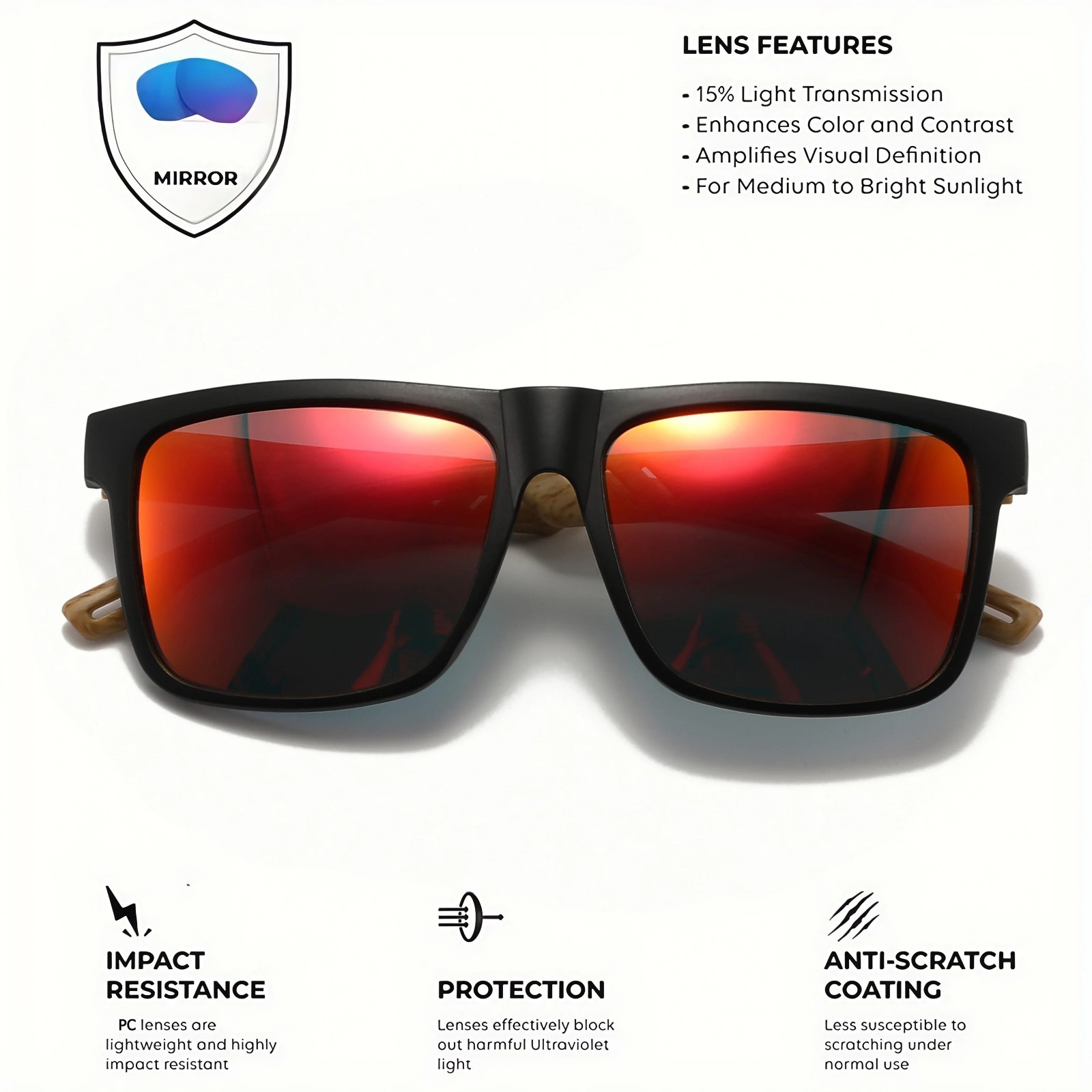 4PCS Wood Grain Spring Hinge Sunglasses Square UV400 Retro Unisex