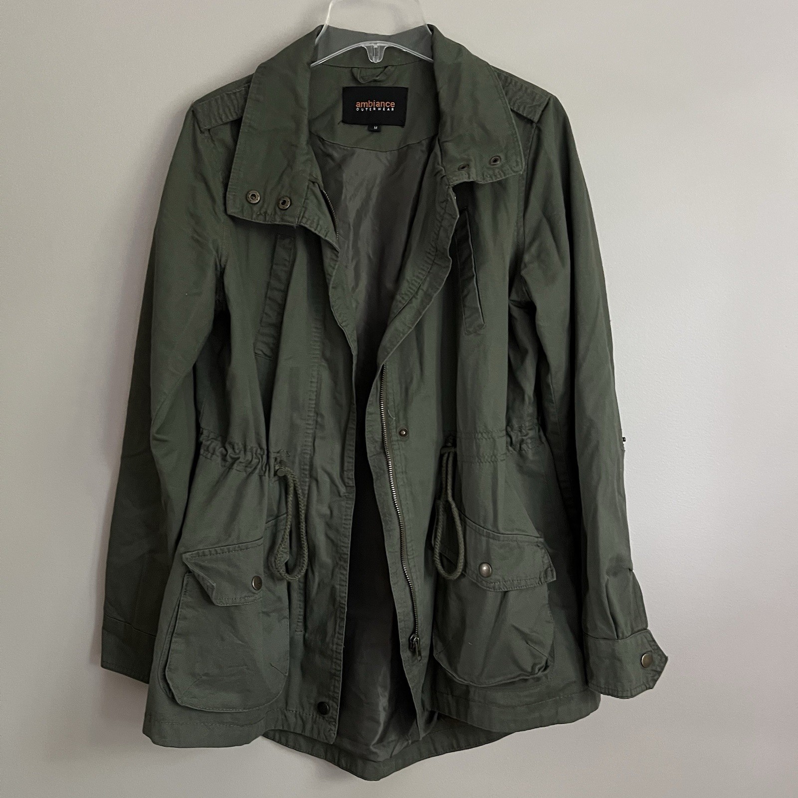 OliveGreen Utility Jacket Military Anorak FullZip Drawstring Waist Medium