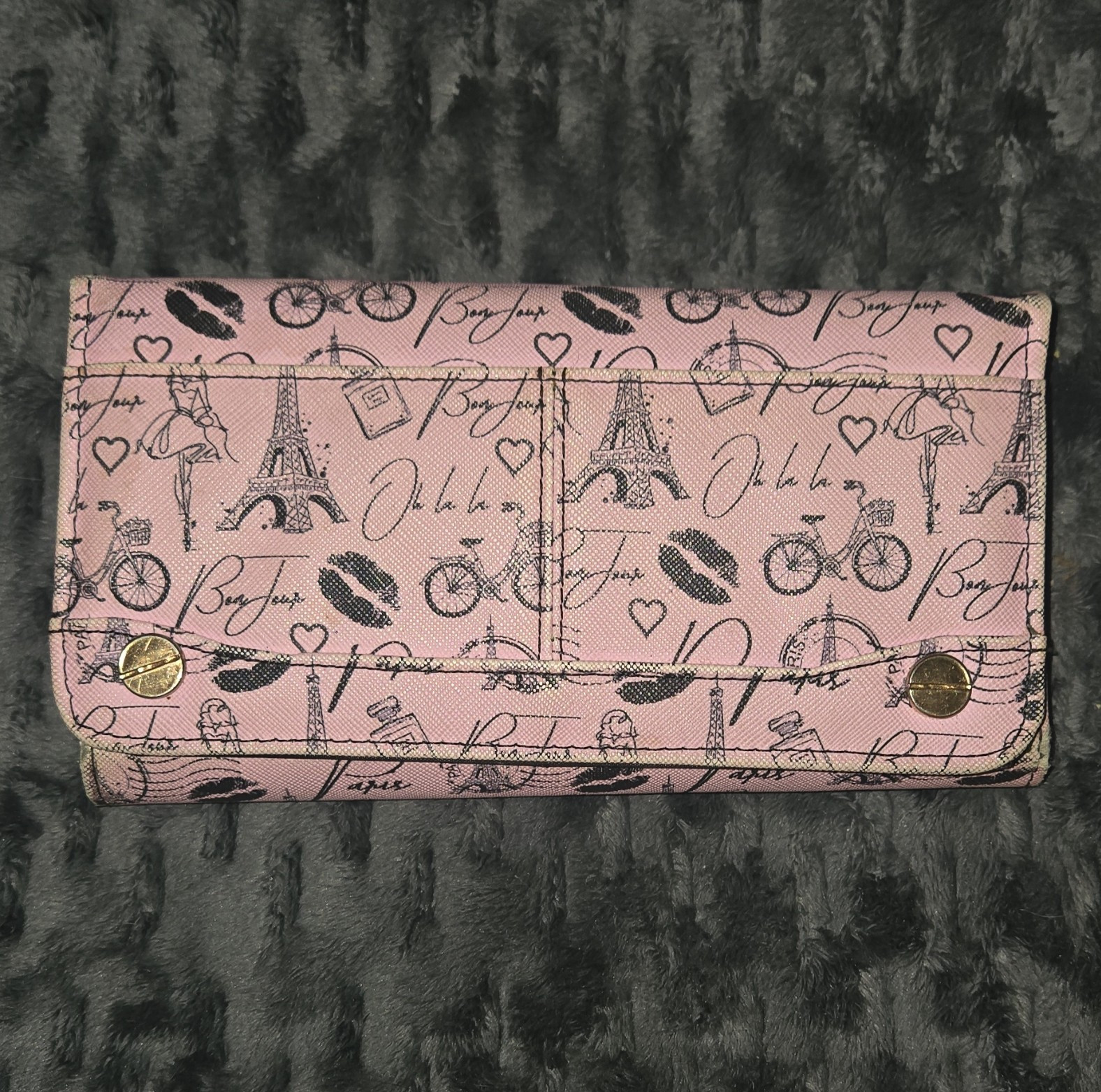 Pink/Black Paris Print Fold-Out Wallet Organizer w/ Zipper Pocket