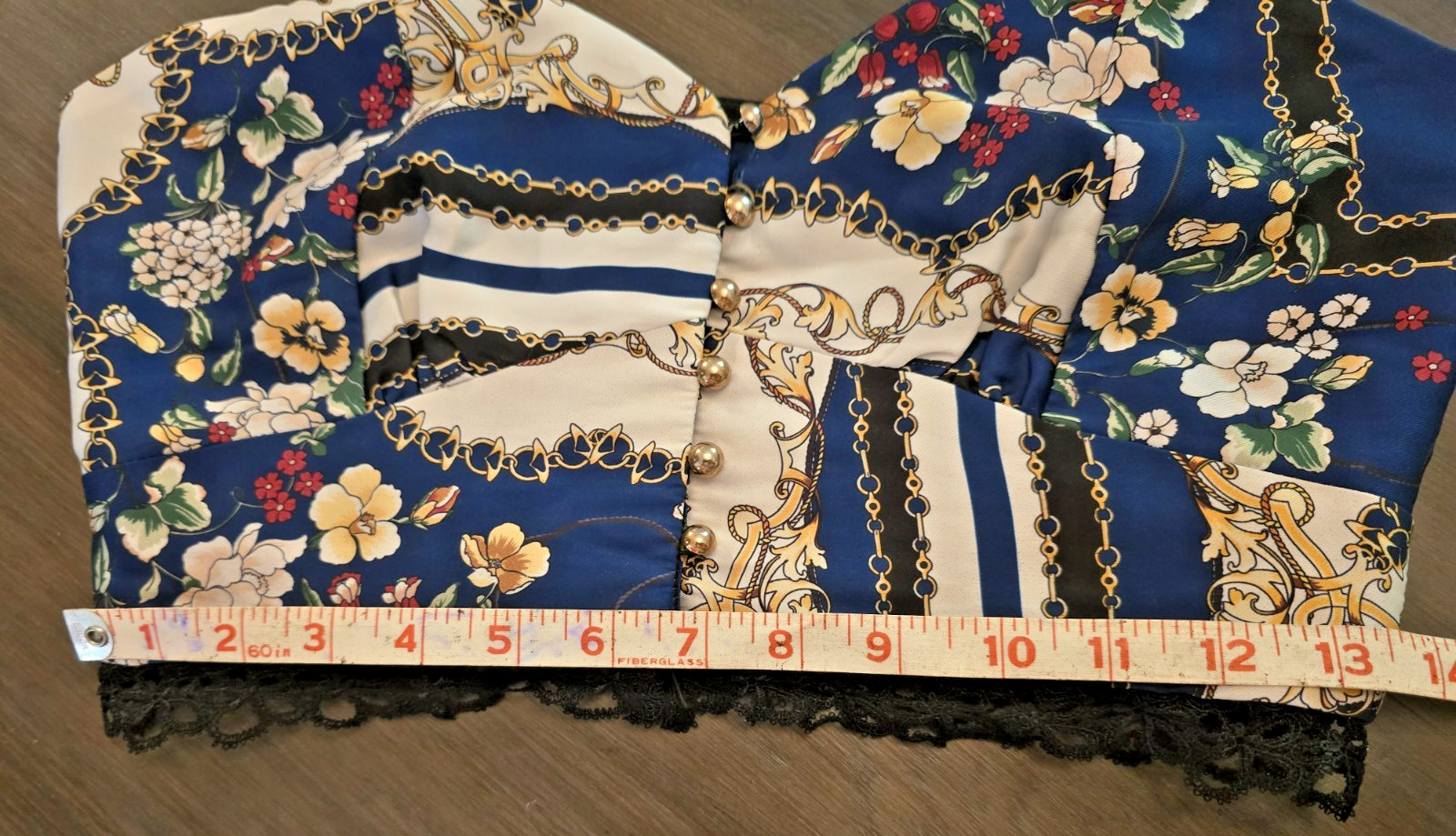 Elliatt Florentine Crop Top Black Lace Trim Blue & Gold Button Front Sz S