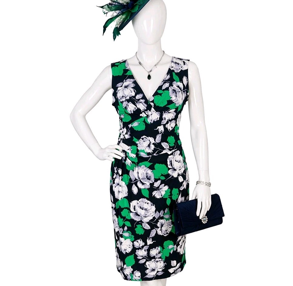 Phase Eight Green Floral Wrap Dress UK 16 Midi Occasion Wedding Guest Party