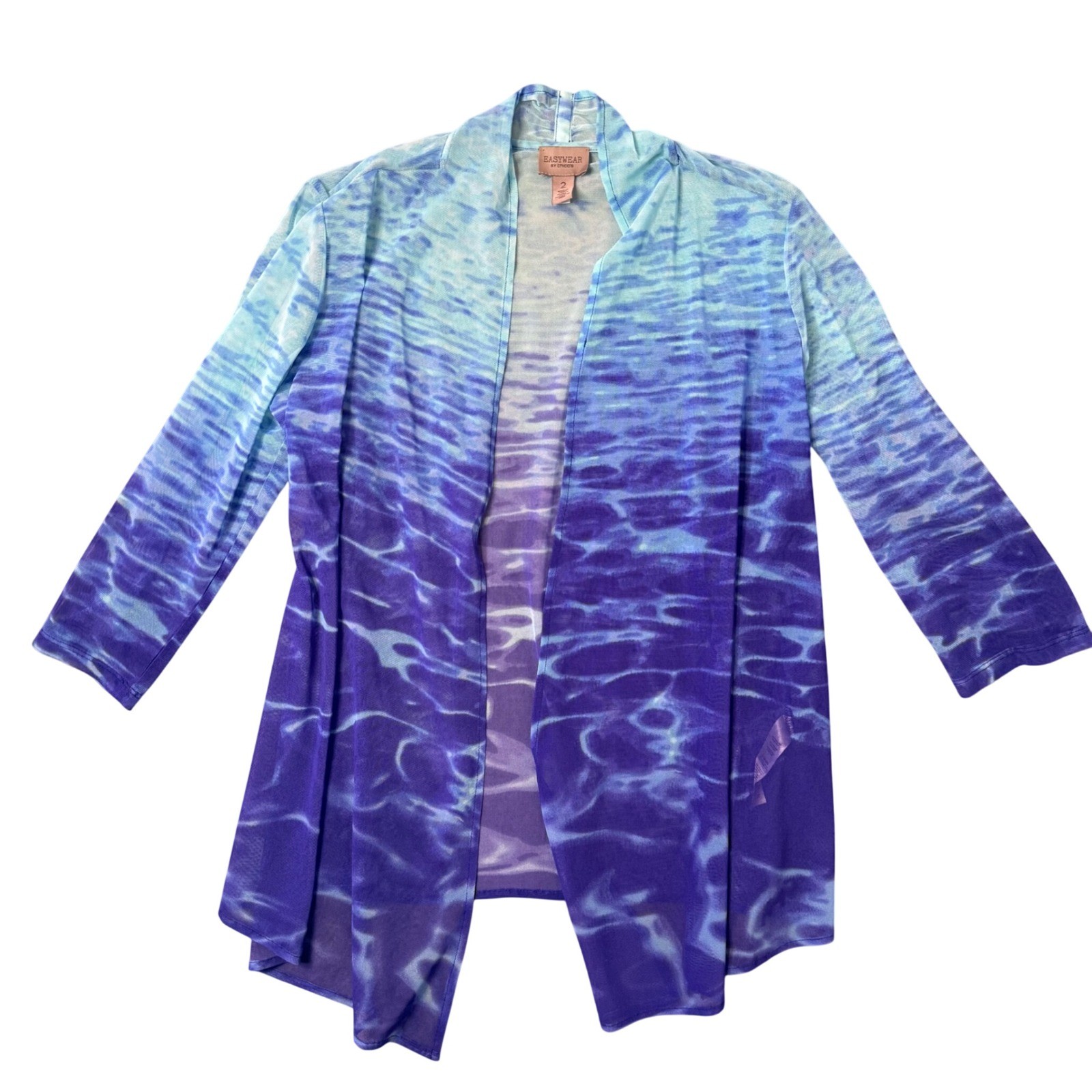 Chicos Easywear Blue Water Print Mesh Open Front Cardigan Size 2 Large Cover Up