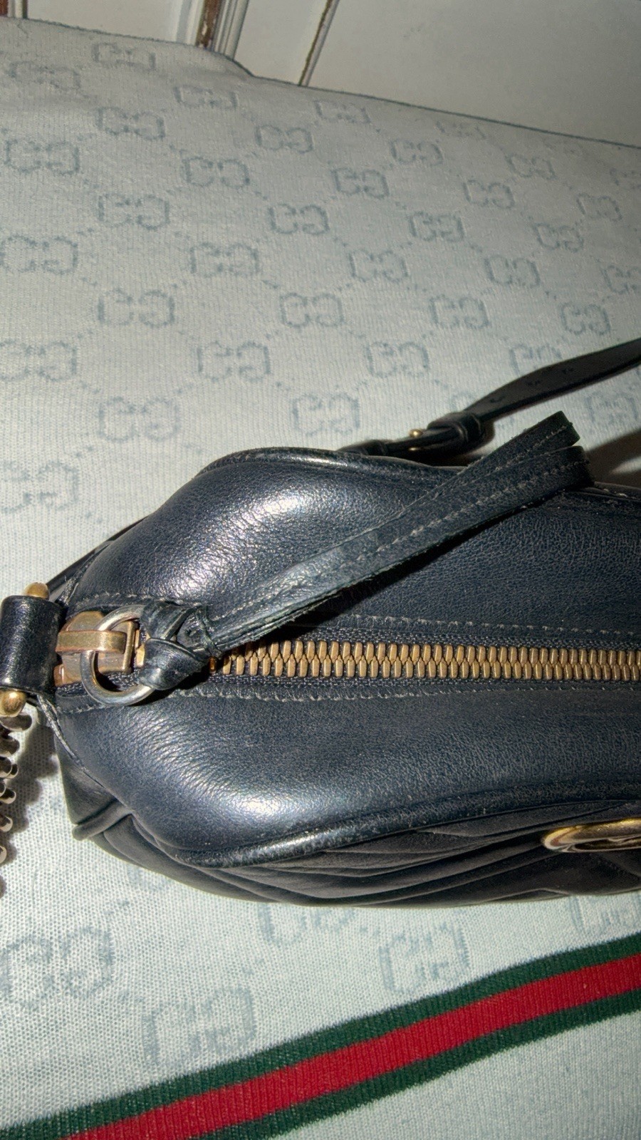 GUCCI GG Marmont Quilted Shoulder Bag Black Gold Hardware Adjustable Strap