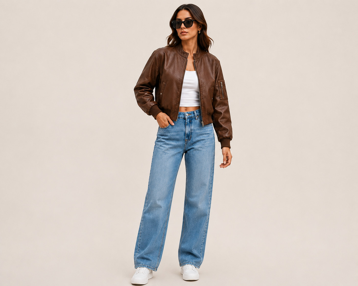 Womens Brown Leather Bomber Jacket – Cropped Zip Up – Casual Aviator Flight Coat