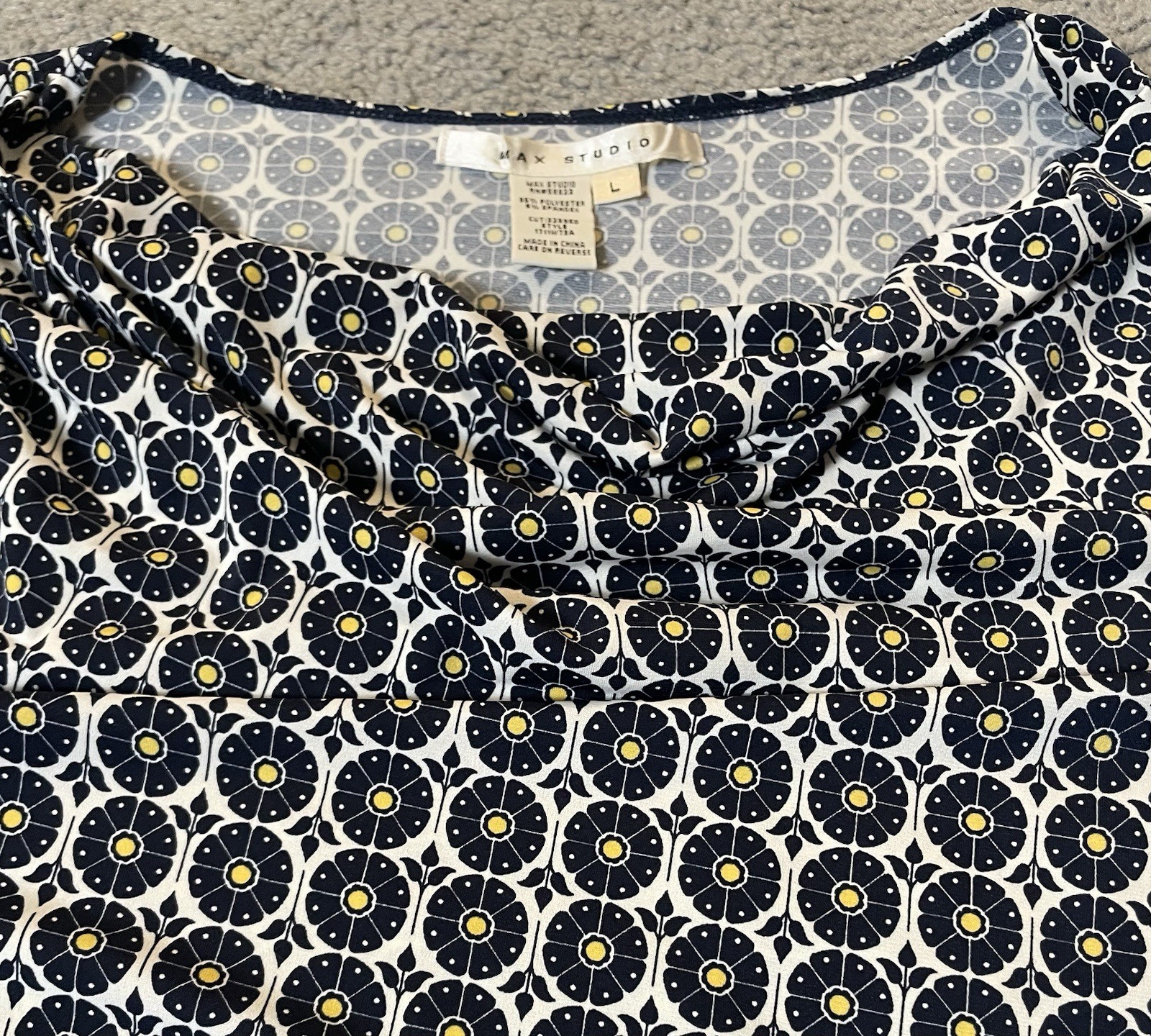 Max Studio floral Cowl Neck Blouse Sz L Black Side Ruched Pullover Career City