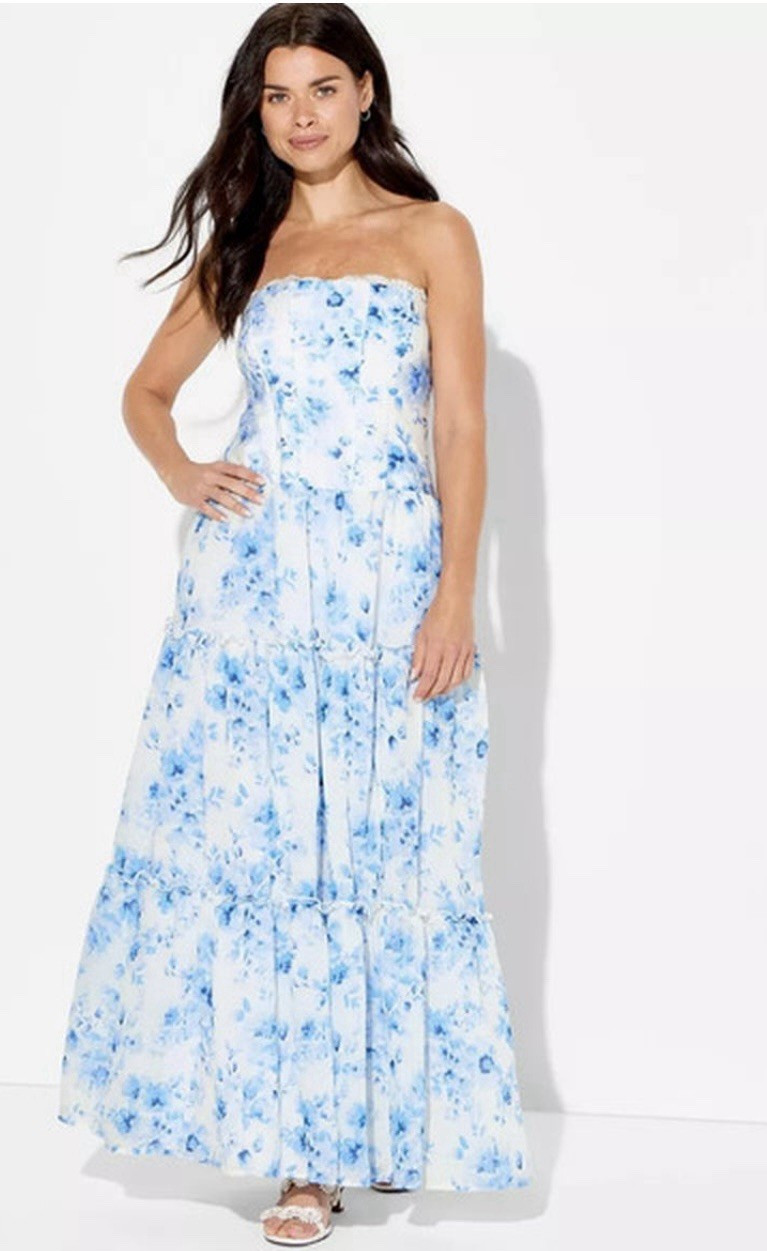 Wild Fable Women’s Blue/White Floral Strapless Smocked Lace Maxi Dress L