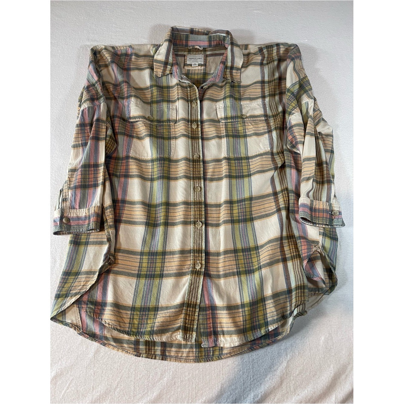 American Eagle Oversized Plaid Button-Up Shirt in Cream, Olive & Pink
