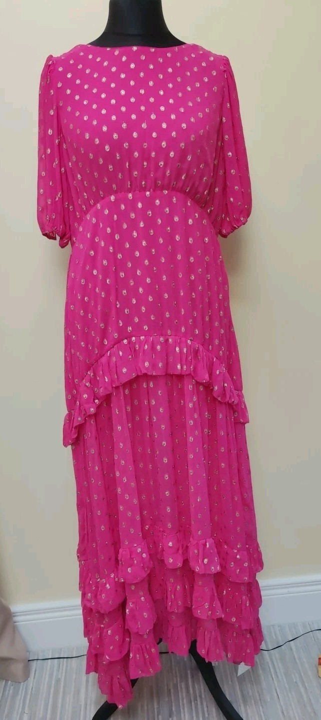 Rixo Pink Gold Dot Midi Dress XXL Size 18 Shireen Layers Sheer V-back Wedding