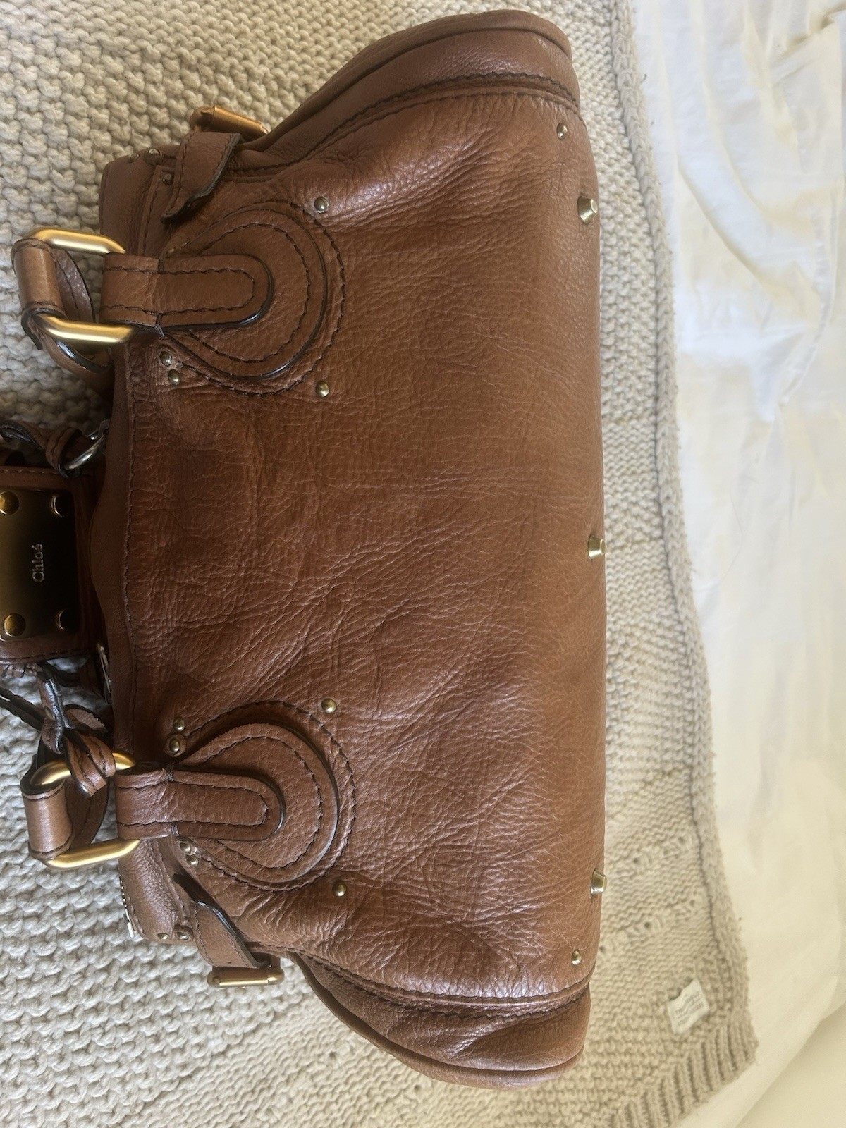Chloé Brown Satchel Padlock & Key, Studded Bottom, Zip Closure, Gold/Silver