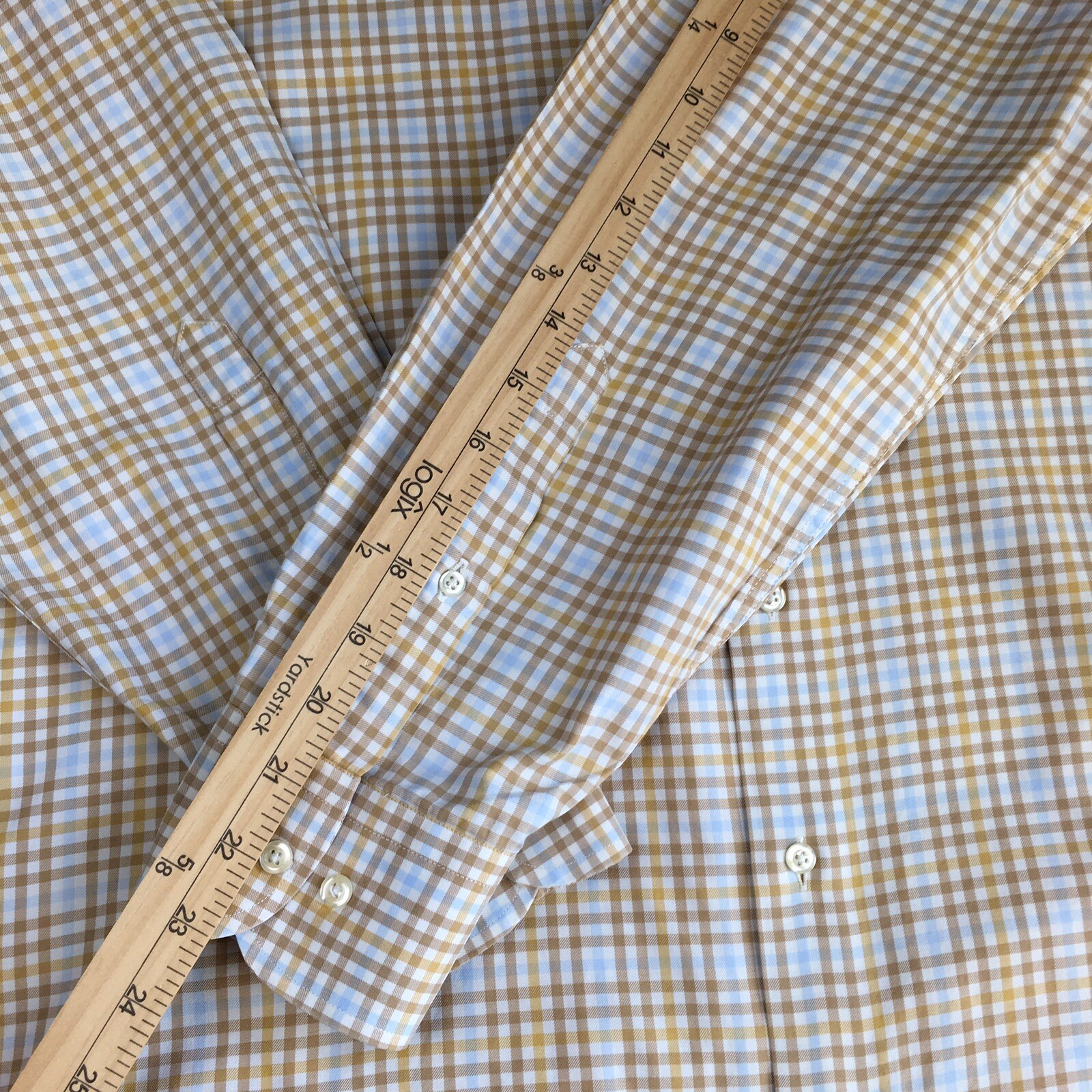 Peter Millar Dress Shirt Mens Medium Tan/Lt. Blue Checks Long Sleeves