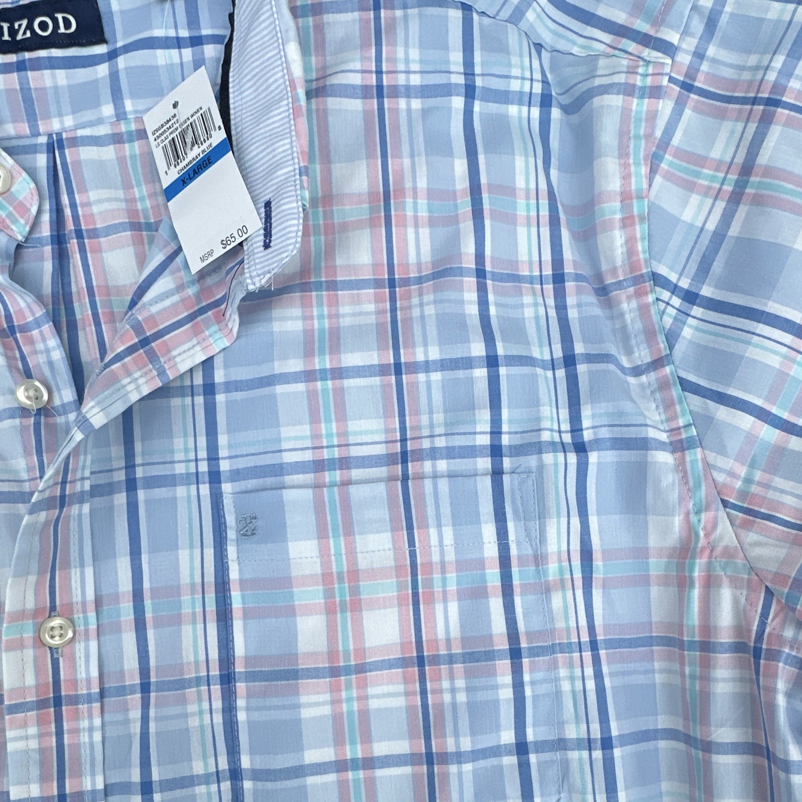 IZOD Men’s XL Blue Pink White Plaid Cotton Woven Long Sleeve Button-Down Shirt