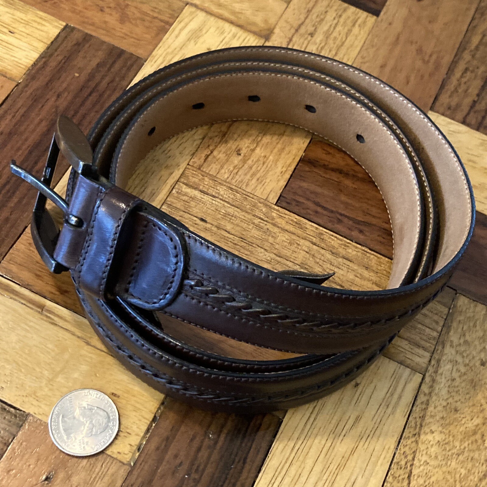 Mezlan Solid with Woven Inlay Brown Leather Mens Belt Size US 44 Made in Spain
