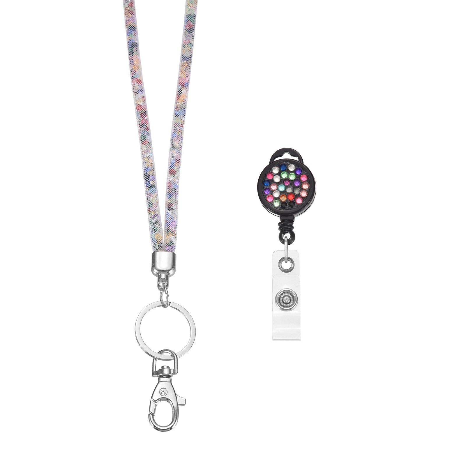 1 Pcs Rhinestones Lanyard with Badge Reel and Keyring, White Multicolor