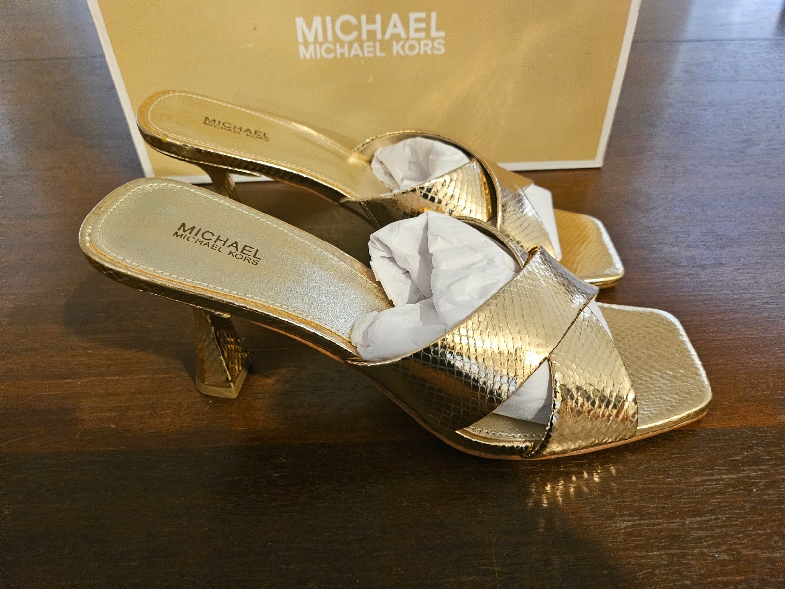 Michael Kors Clara Mule Square toe Sandals Gold Snake Skin leather New in box 10