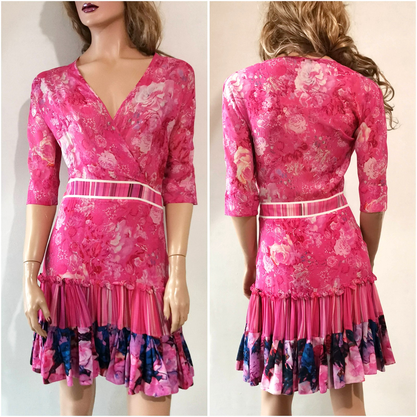 Roberto Cavalli Vintage Floral Print Silk Chiffon Sheer Ruffle Dress IT38