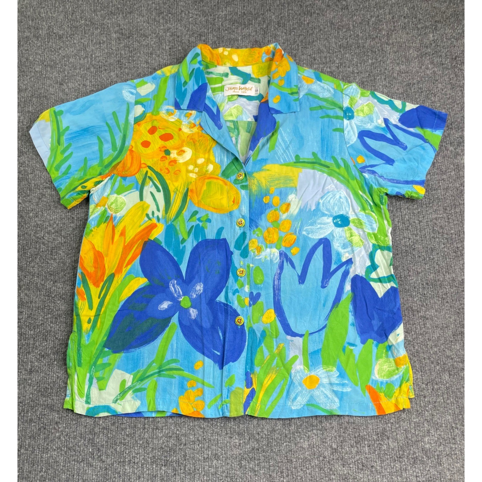 Jams World Button Down Shirt Womens Small Blue Floral Wonderland Short Sleeve