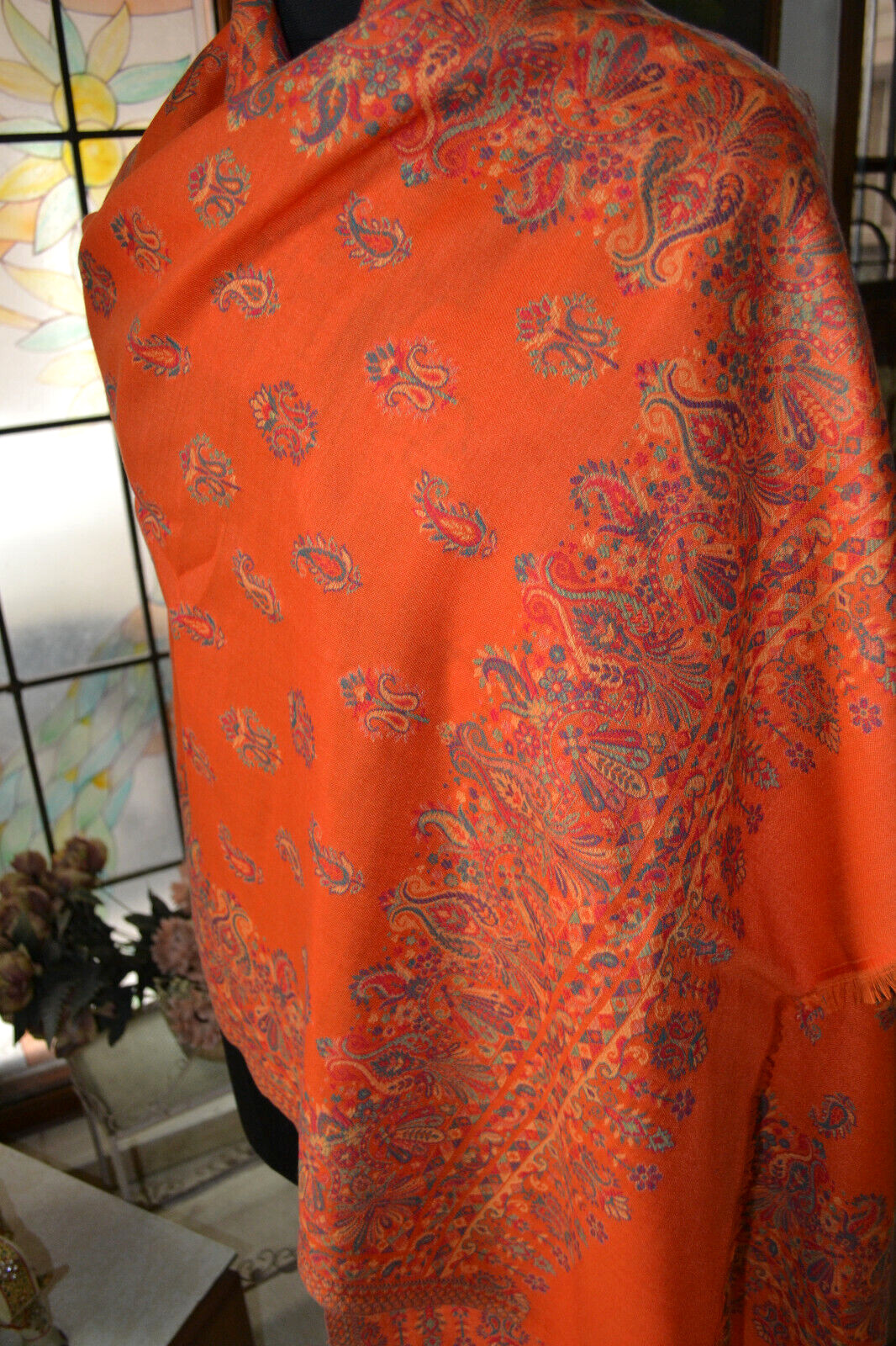 Orange KANI WEAVE Jamawar Stole Wool Blend Pashmina Jamavar Paisely