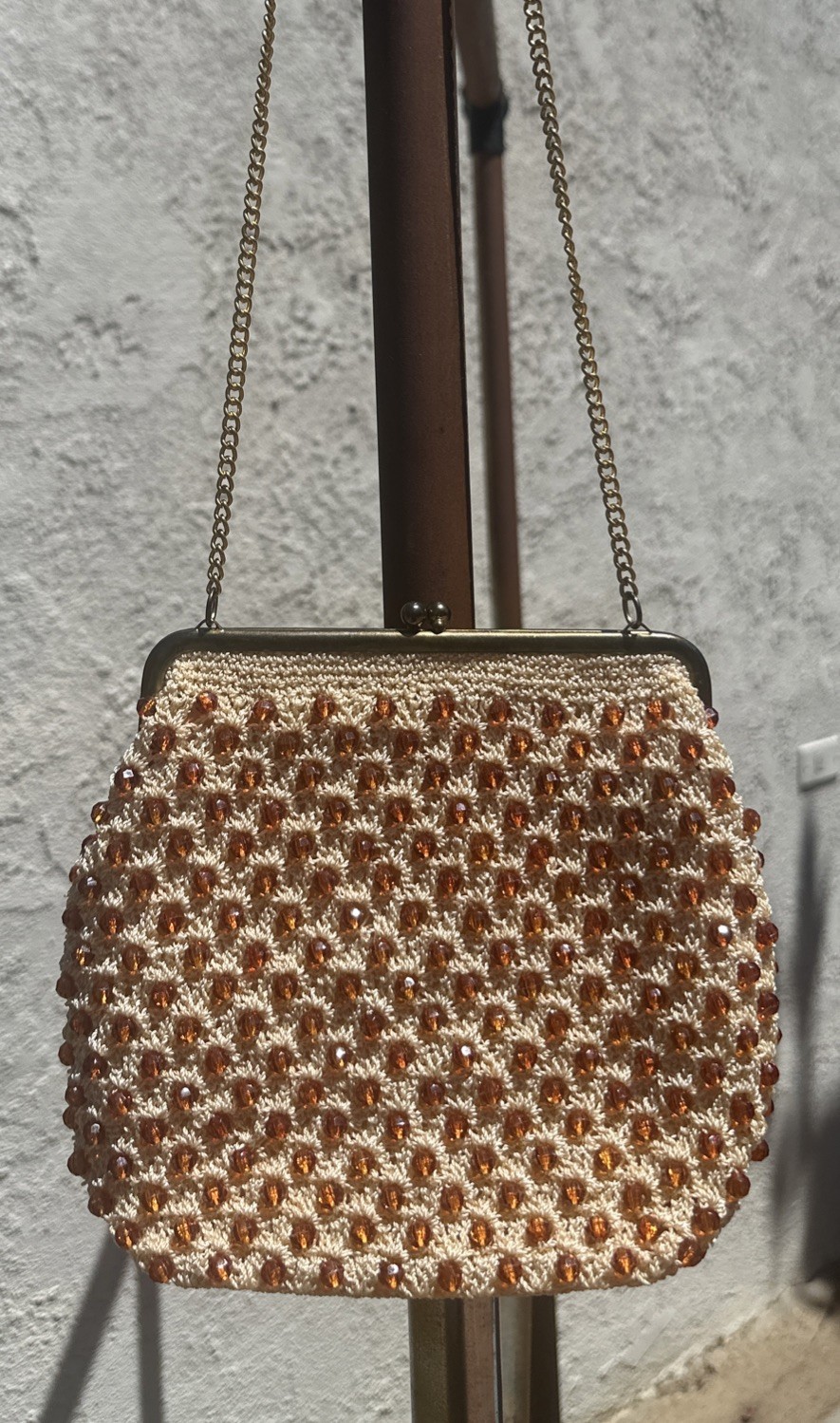 Vintage Crochet Sparkling Brown Garnet Crystal Beads Evening Bag Handbag Purse