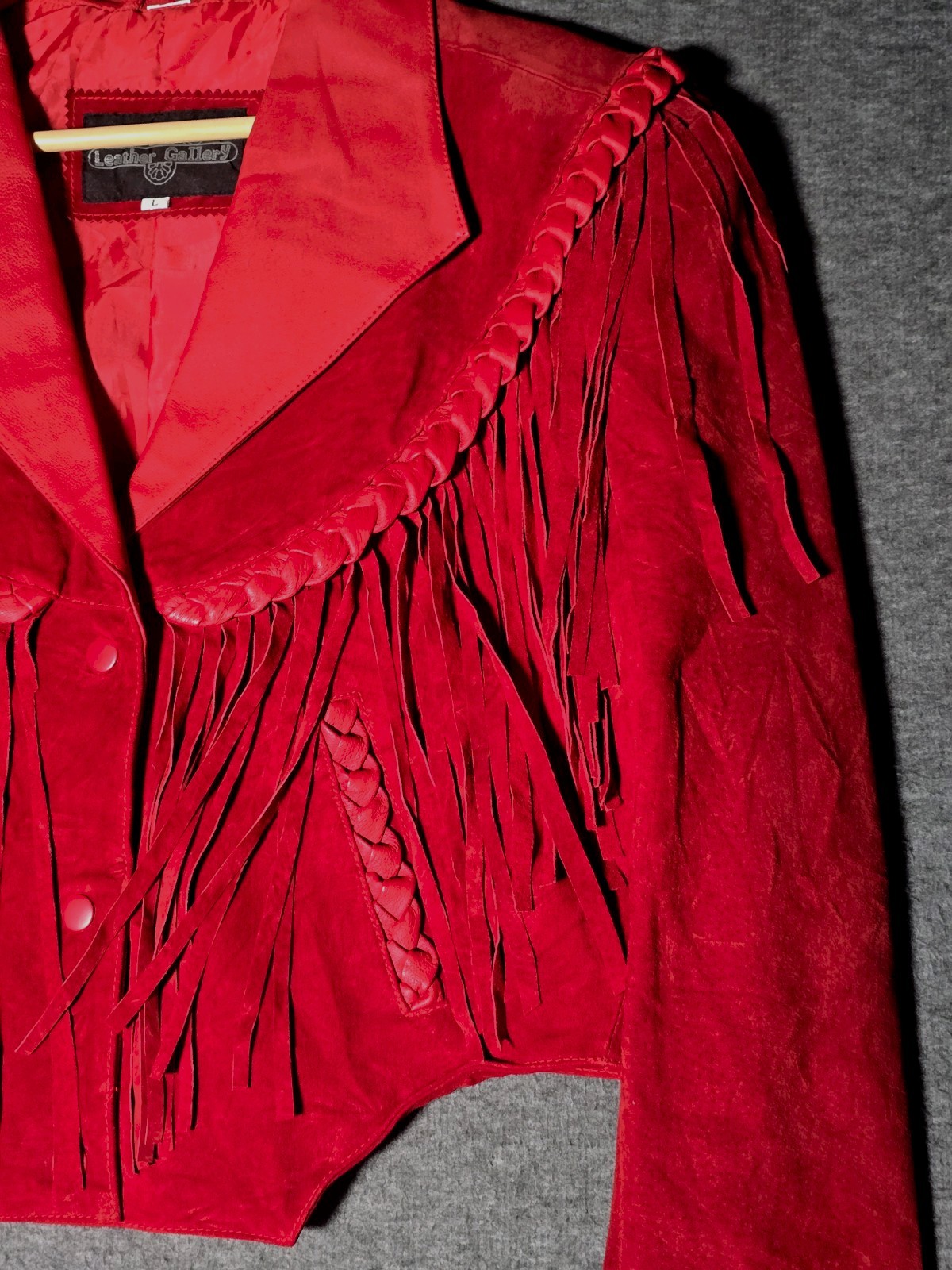 Leather Gallery Red Leather Fringe Jacket Womens L Western Cowgirl Rodeo Braided