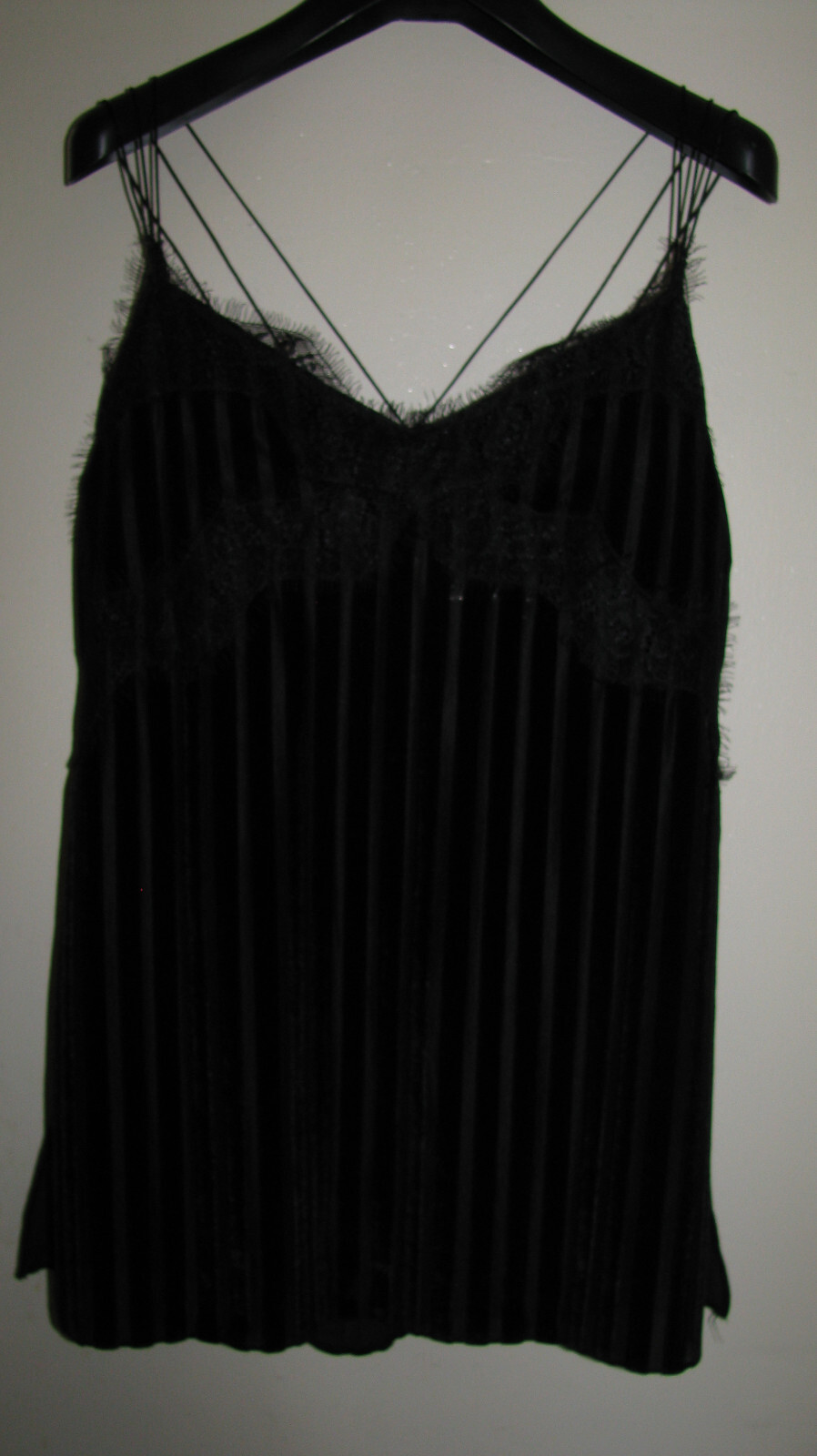 ZARA Black Cupro SEXY! Spaghetti Strap Tank Top w/ Lace Trim Sz L