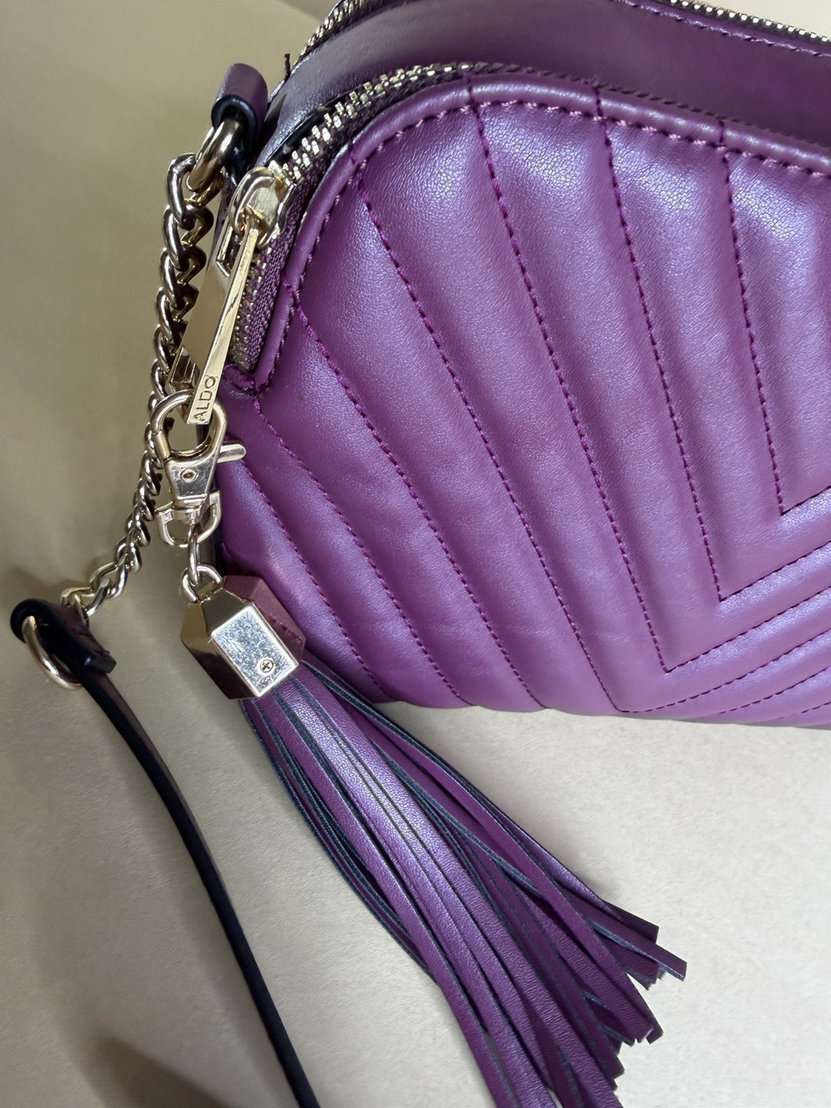 ALDO Purple Quilted Crossbody Bag Double Zip Tassel Gold Tone Hardware