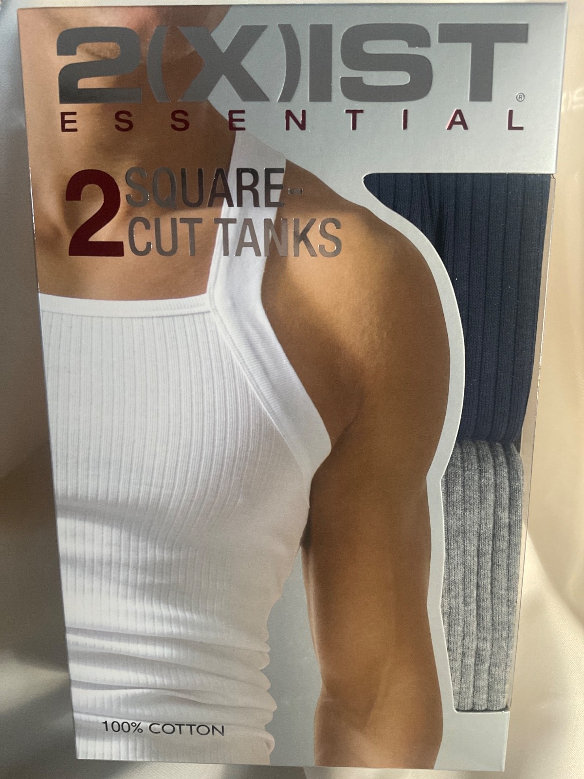 2(X)IST Essential 100% Cotton 2-Pack Square Cut Tank Top Size Small Navy & Gray