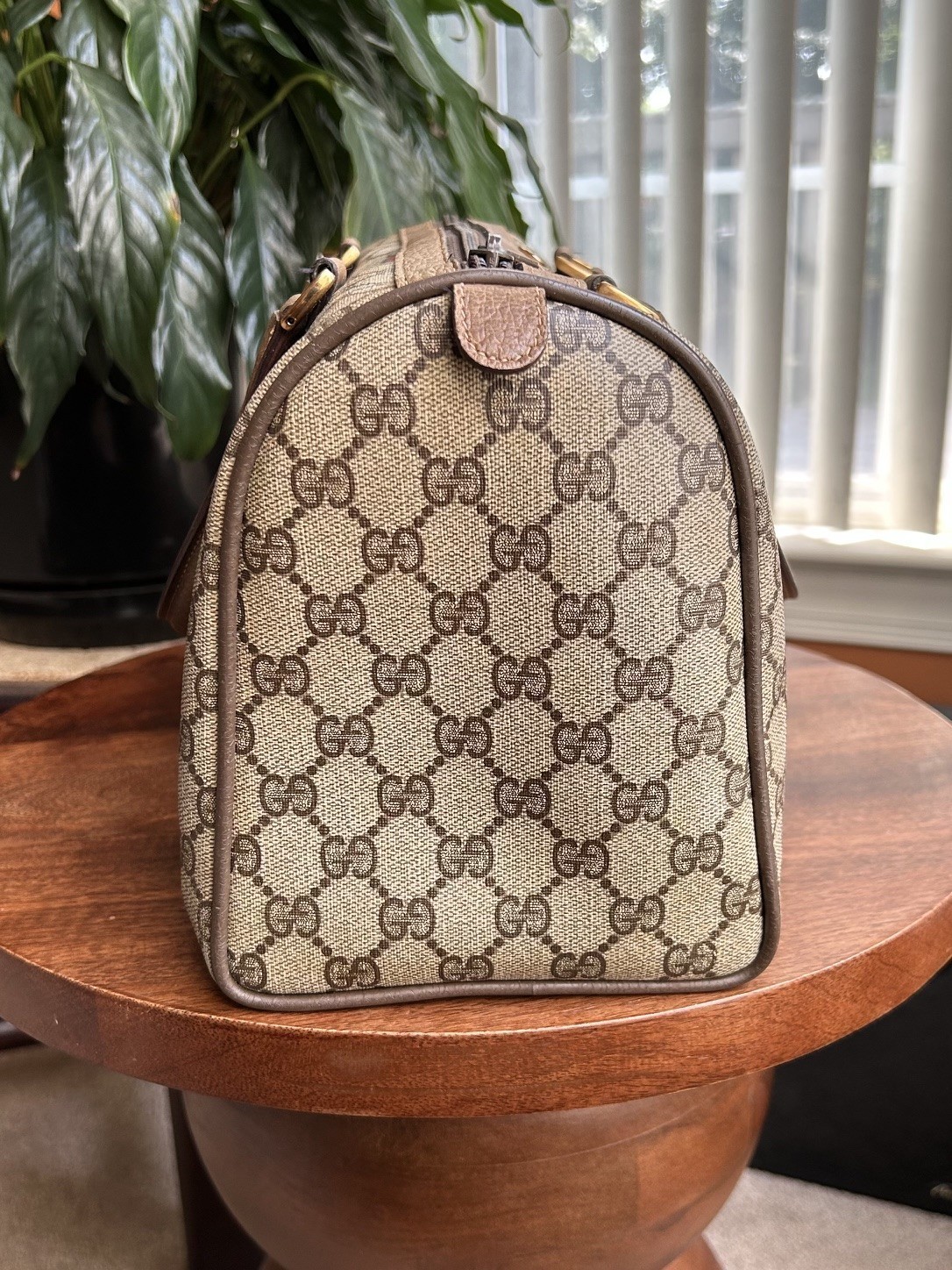 GUCCI GG Supreme Monogram Sherry Web Boston Bag, Tan