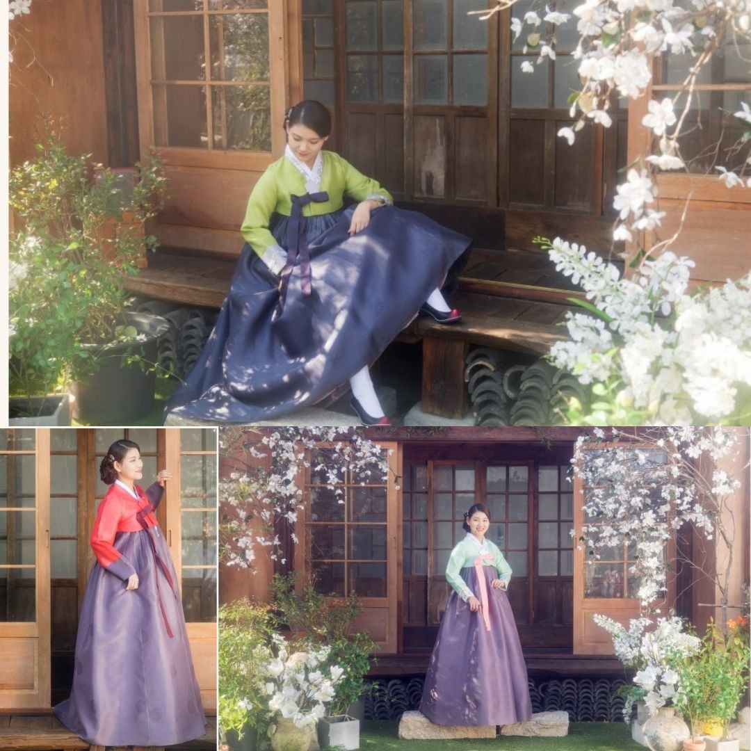 M Silk Traditional Korean Hanbok Set–Turquoise Blue Top/ Skirt with Floral Print