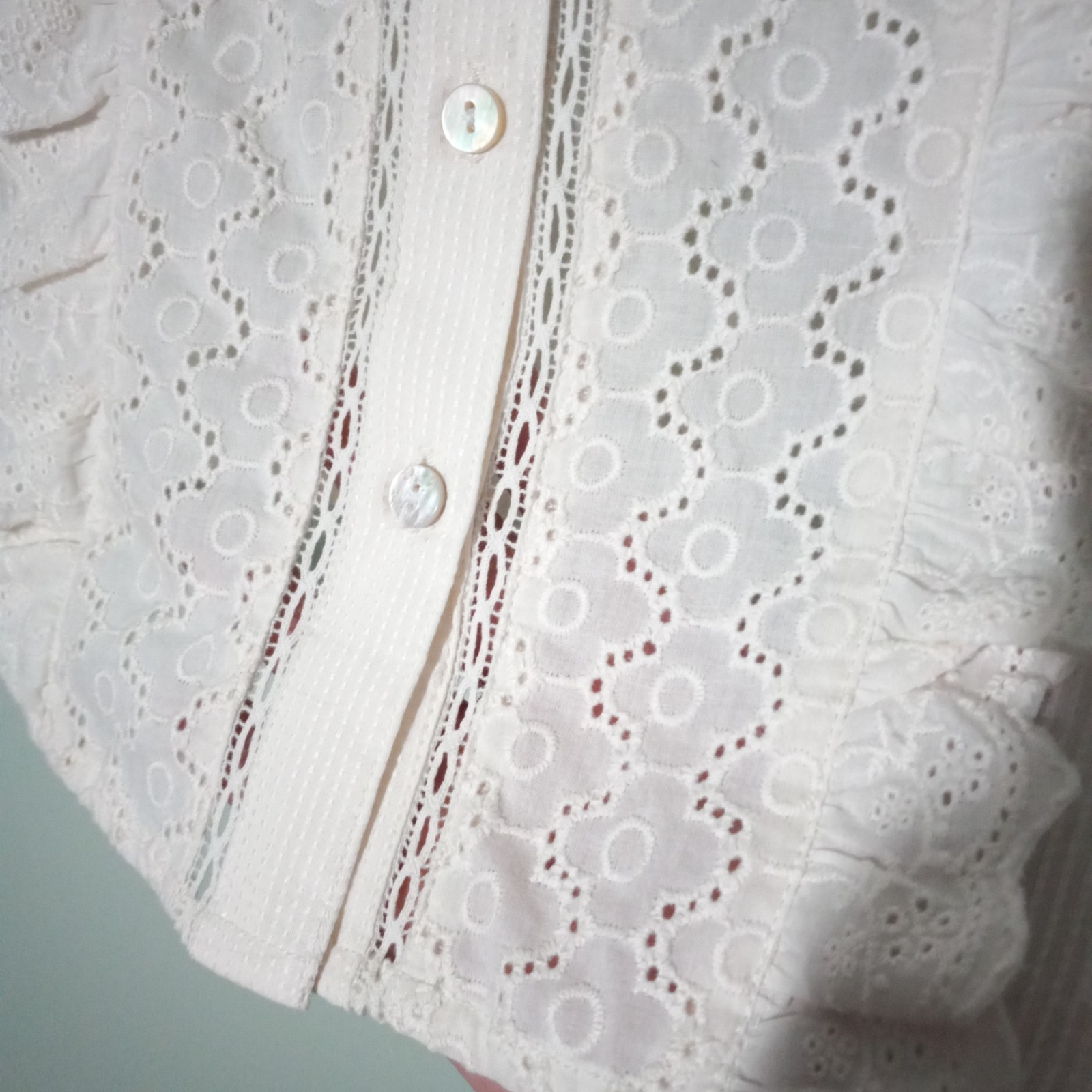 LOGO by Lori Goldstein Top Blouse size Small, Ivory Lace Eyelet Sheer Ruffle