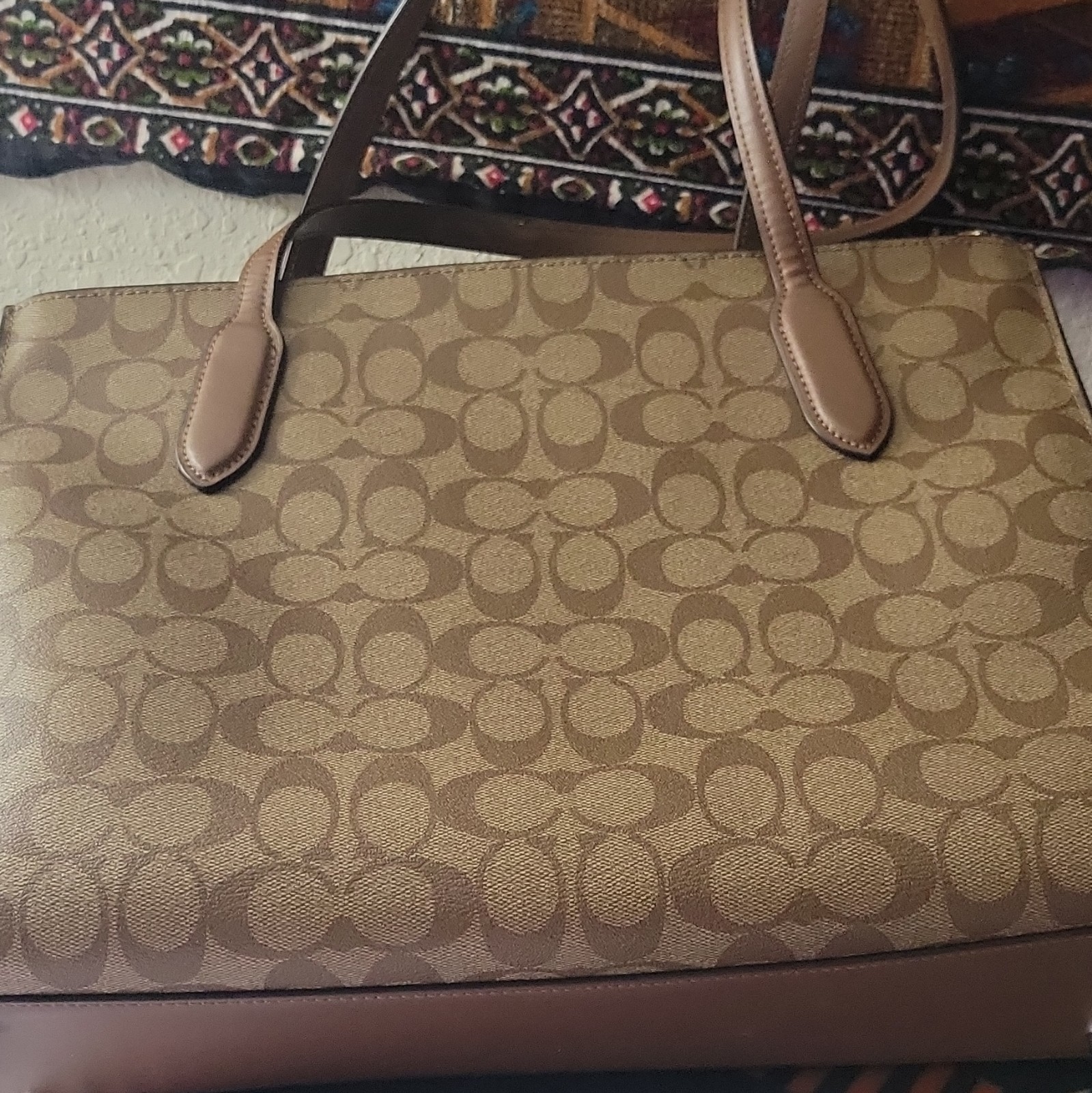Coach Signature Logo Tote Zip Top Brown/Beige w/ Charm Silver Hardware