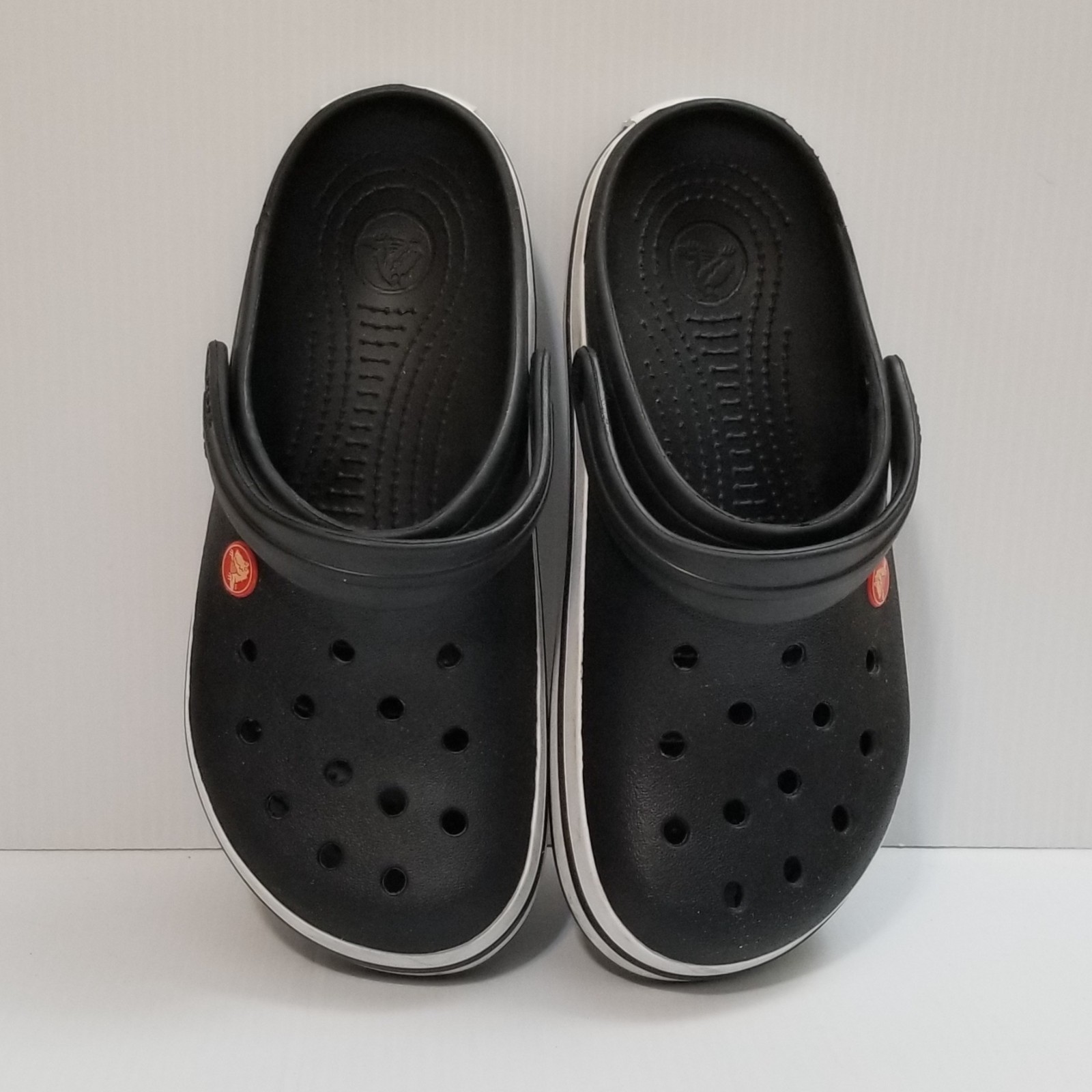 Crocs Crocband Clogs Croslite Black/White Stripes Men Sz 7 Womens Sz 9 Sandals