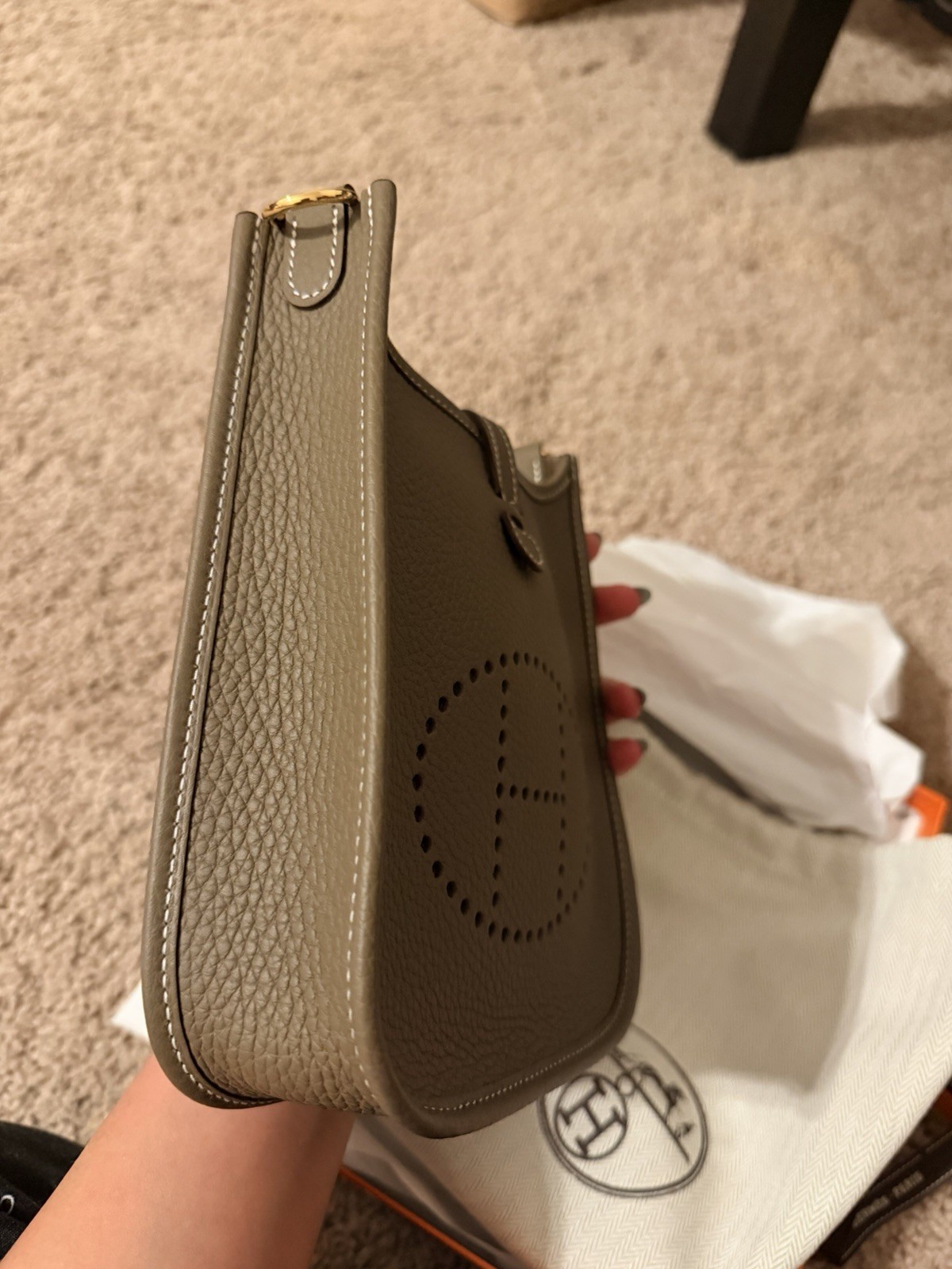 Hermès Evelyne TPM Mini Taupe Crossbody Bag Navy Strap Dust Bag Box