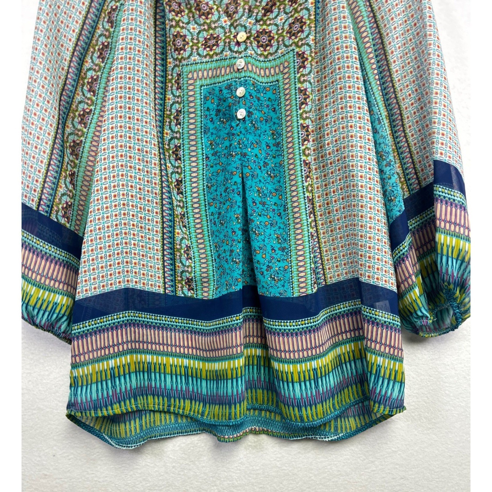 Fig and Flower Bohemian Patchwork Print Peasant Blouse Women’s Size Medium