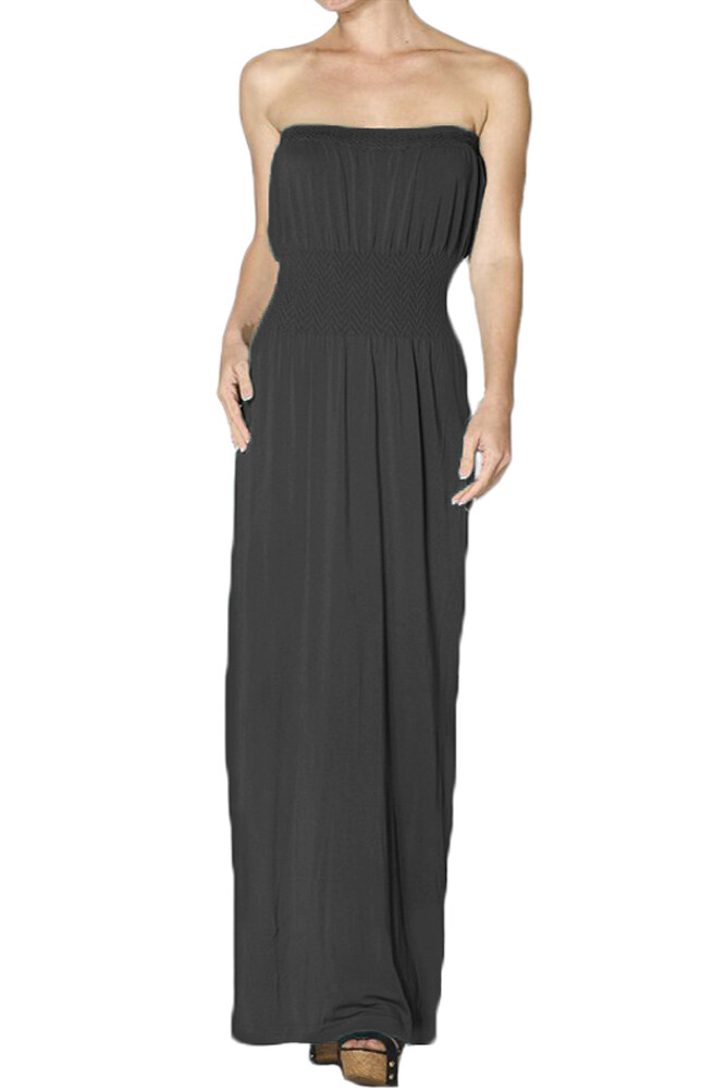 Casual Smocked Elasticized Bust and Waist Tube Maxi Dress S/M ~ M/L