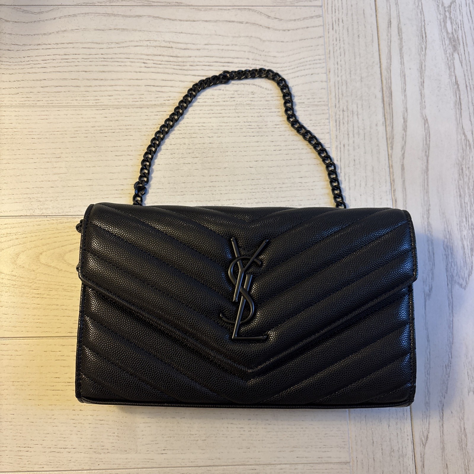 Saint Laurent YSL Black Leather Chain Wallet Crossbody