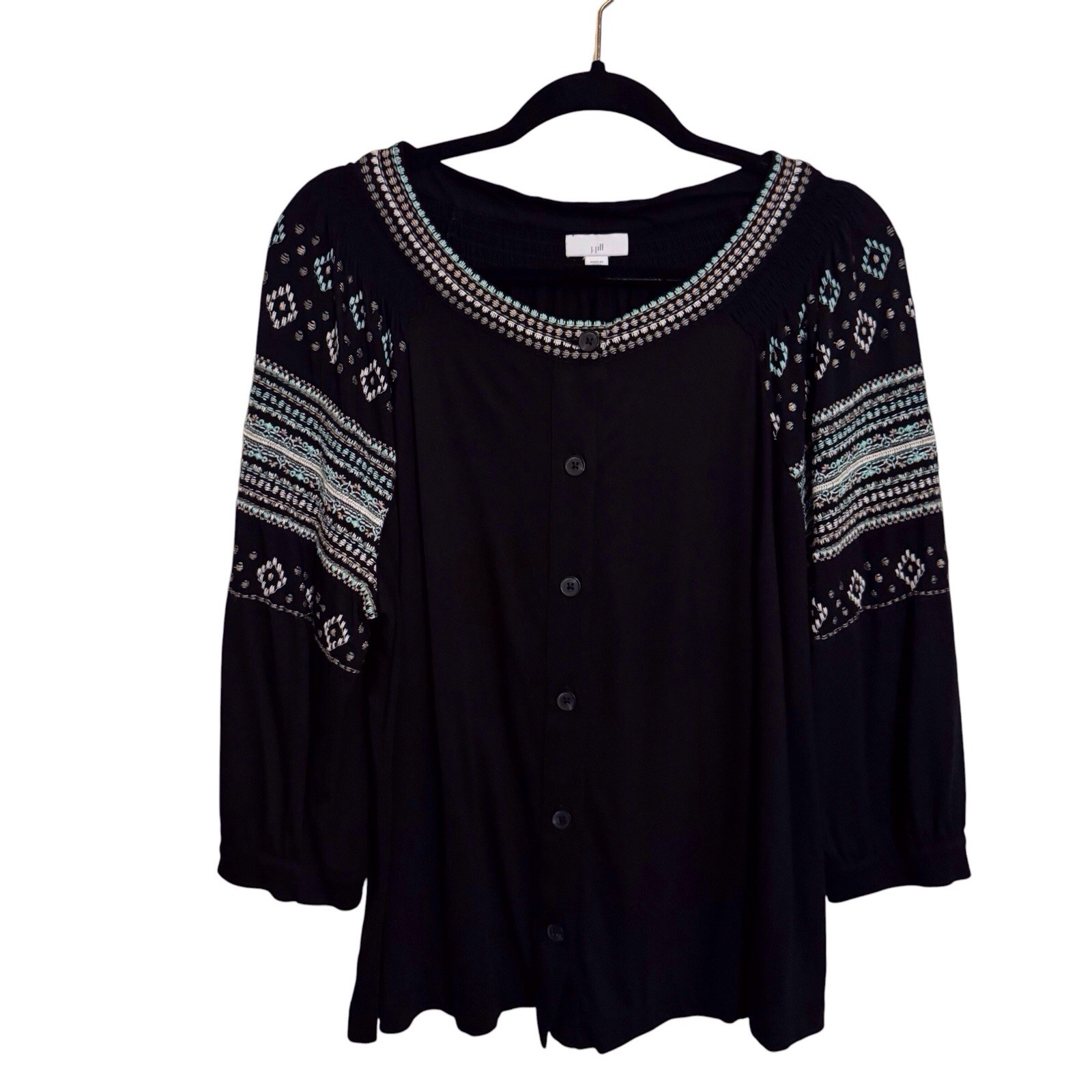 J. Jill Large Petite Black Embroidered Button Up Top Boho Beach Long Sleeve