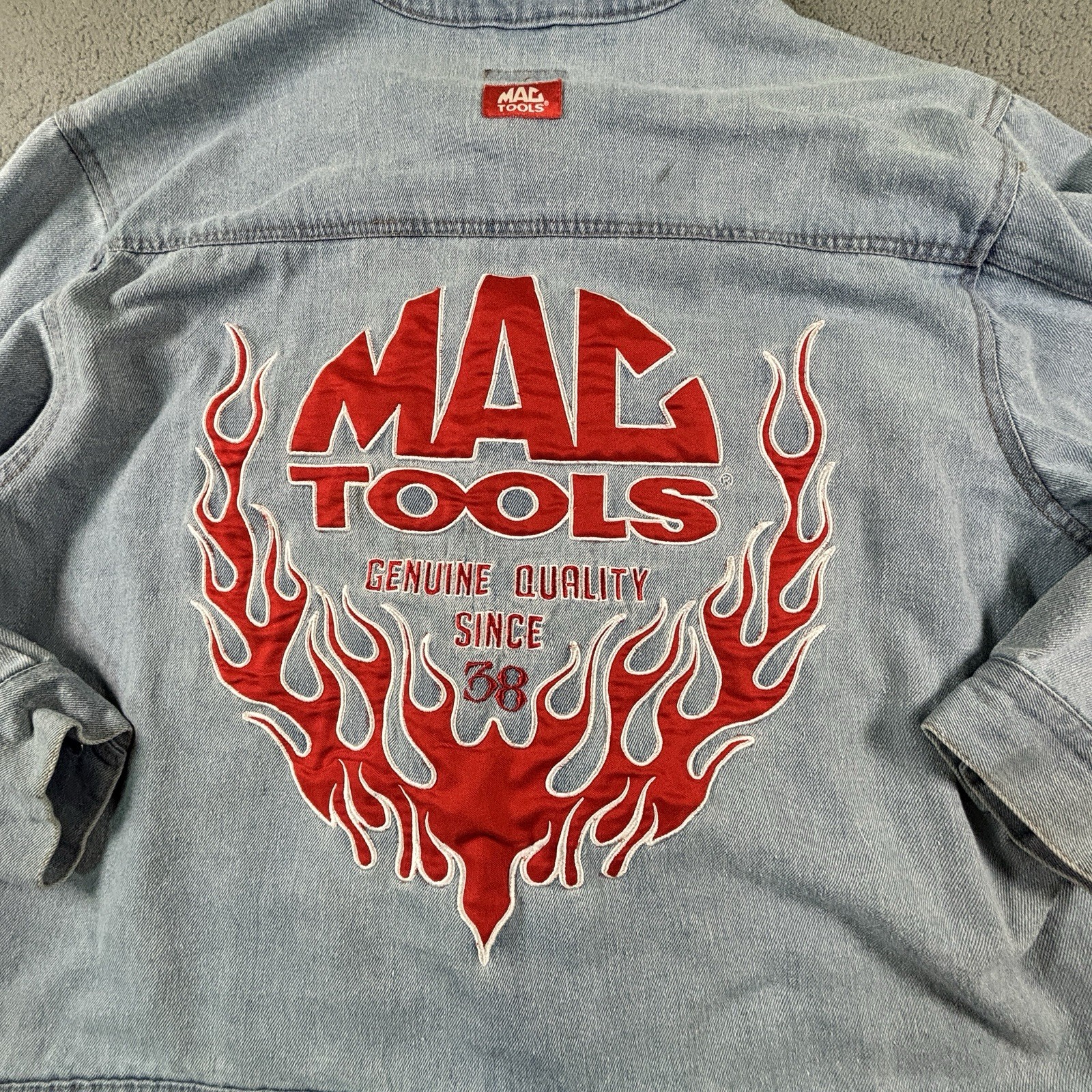 Vintage Mac Tools Denim Trucker Jacket Embroidered Racing Auto Mechanic Men’s XL