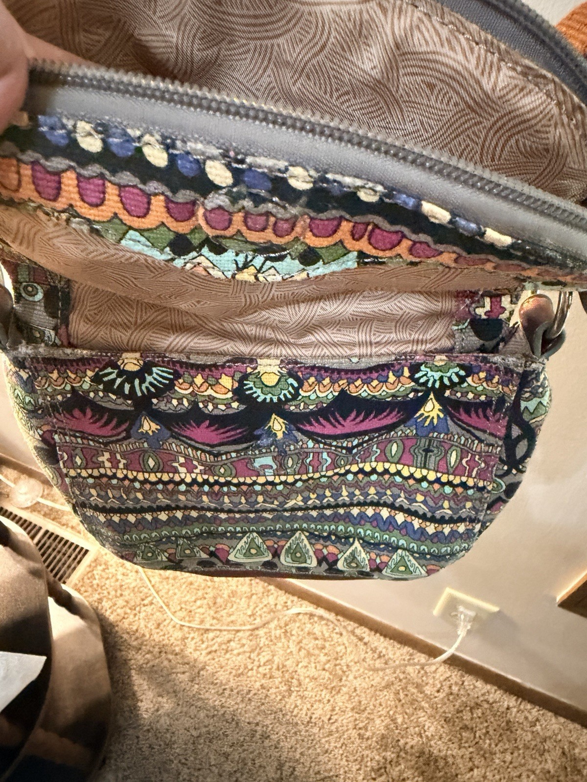Sakroots Women’s Small Crescent Crossbody Owl Geometric Zip Brown Strap