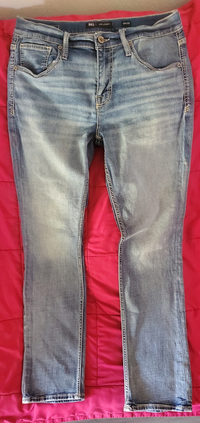 BKE Jake Straight Leg Jeans Mens 34×31 Medium Wash Distressed Contrast Stitch