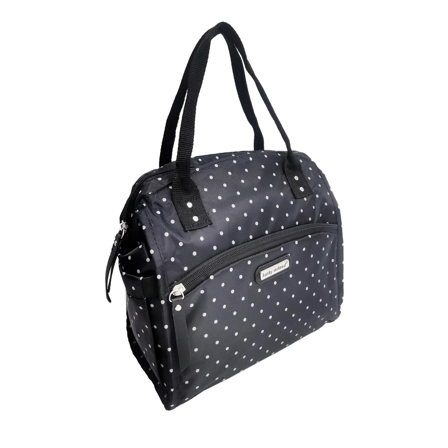 Kathy Ireland Travel Leah Polka Dot Lunch Fabric Tote Black White Silver