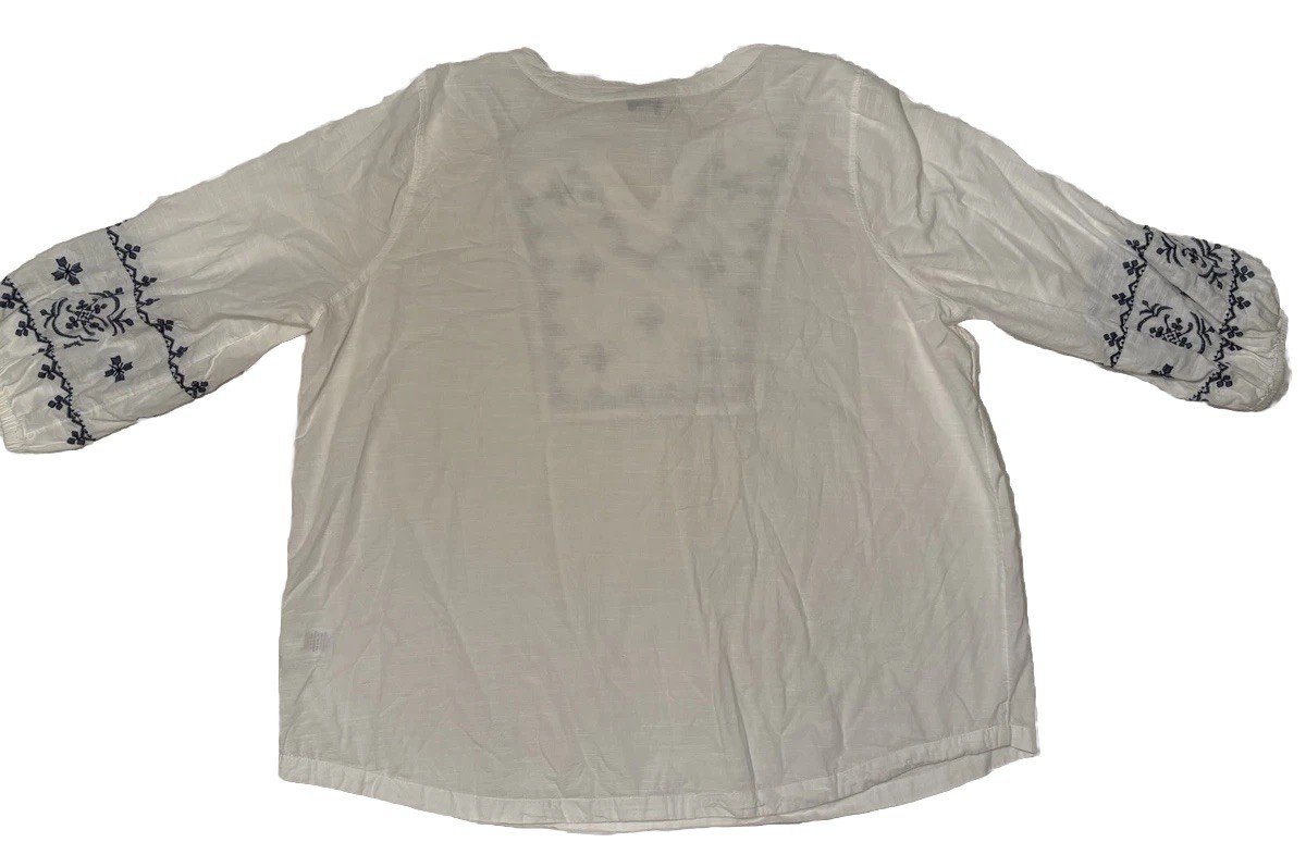 Croft & Barrow Womens 1X White Embroidered Tunic Top Blue Boho Peasant Cotton