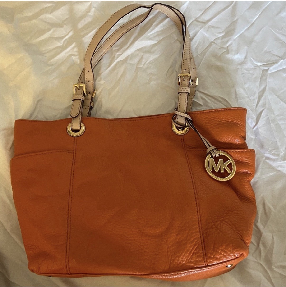 Michael Kors Large Orange Tote Zip Top w/ MK Charm, Beige Straps, Gold HW