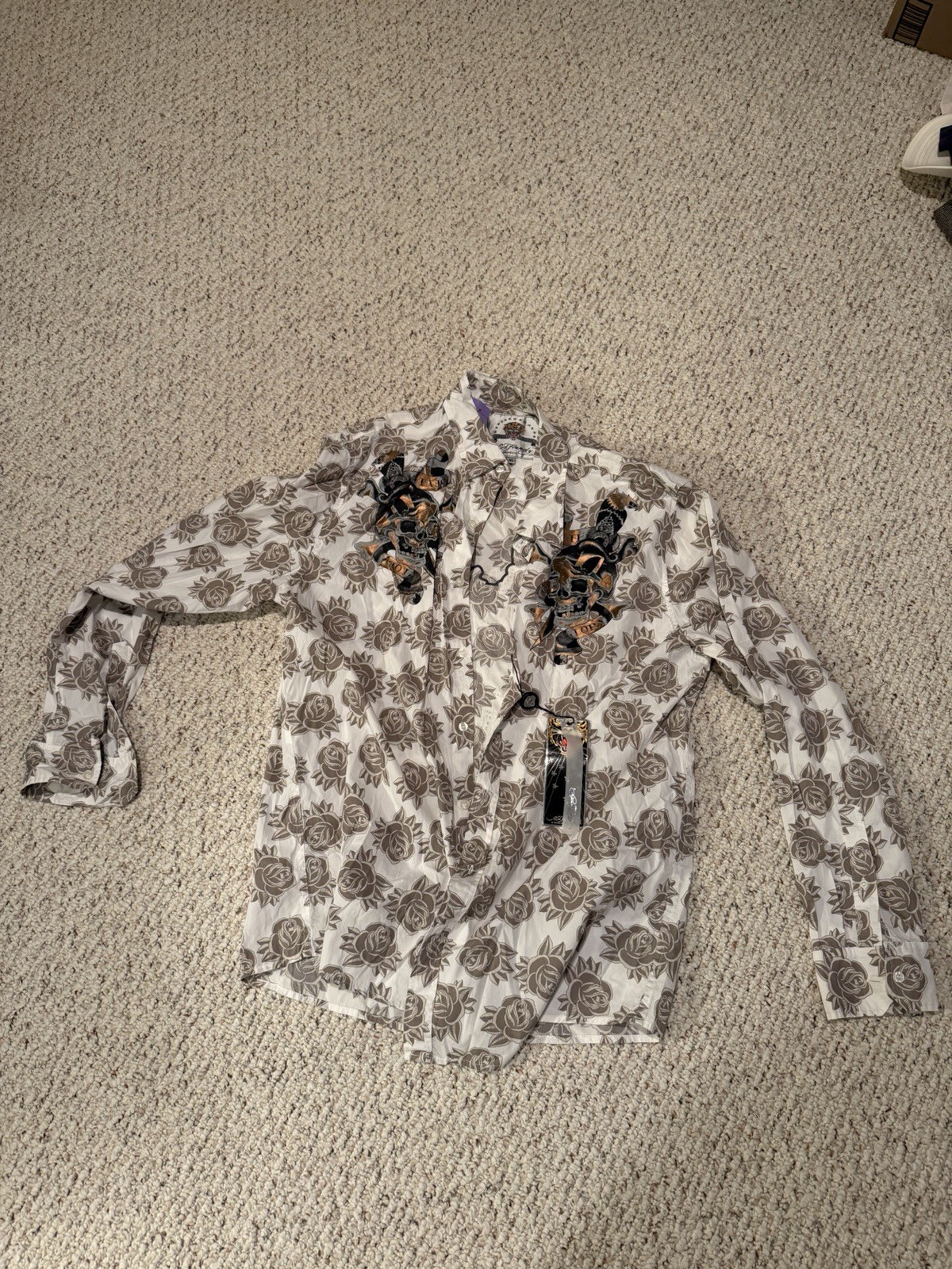 Ed Hardy Mens XL Long Sleeve Button-Up Shirt White/Gray Floral