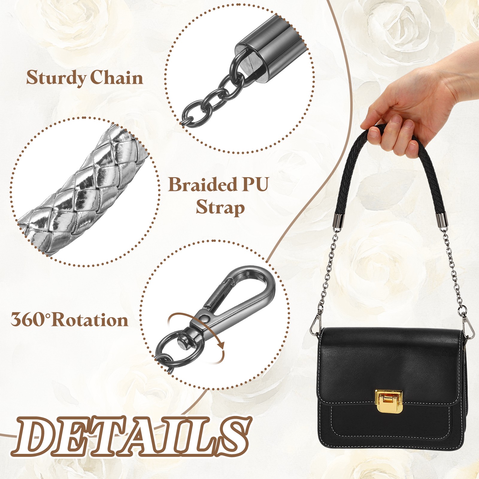 62cm/24.4″ PU Leather Braided Purse Strap Silver, Black Buckle